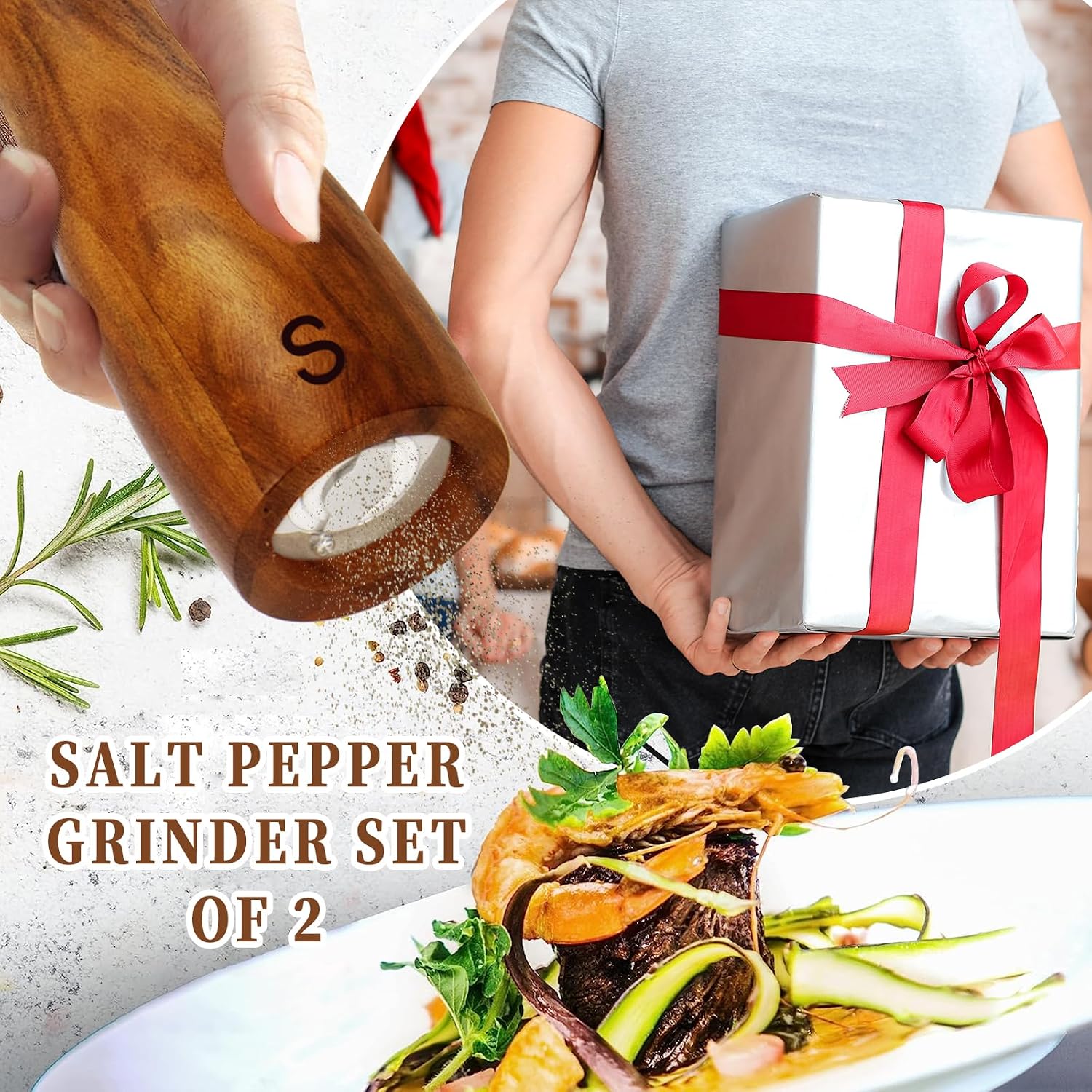 Haomacro 2 Pack Wood Salt and Pepper Grinder Set, Acacia Wood Salt and Pepper Grinder Mill Pepper Grinder Ceramic Stainless Steel Core-8 Inch