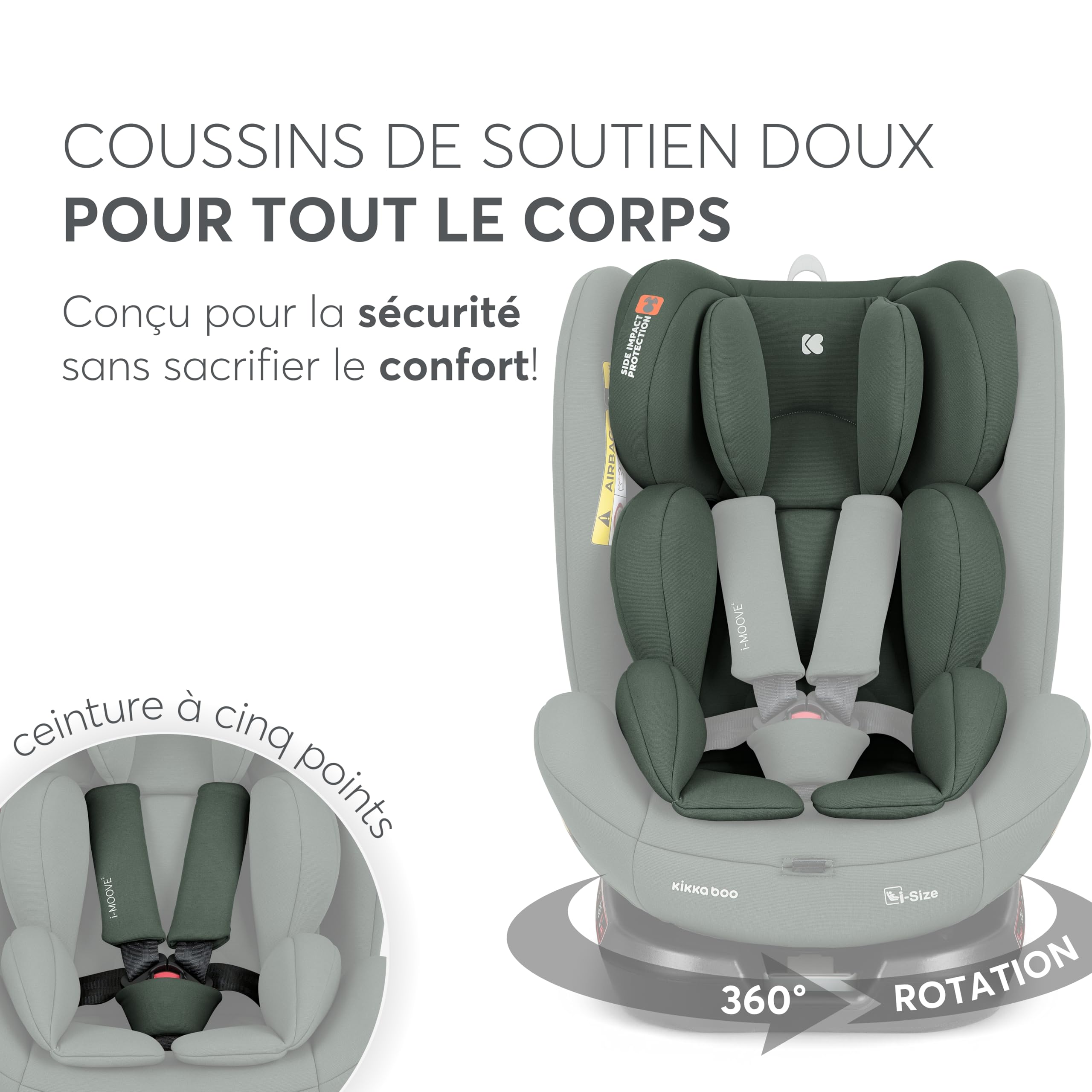 KikkaBoo Siège Auto Bébé 0 à 36 kg (40-150 cm) i-MOOVE 2, Rotation 360°, ISOFIX, i-Size, Dos & Face à la Route, Appuie-tête Réglable, Inclinable, Vert Armée