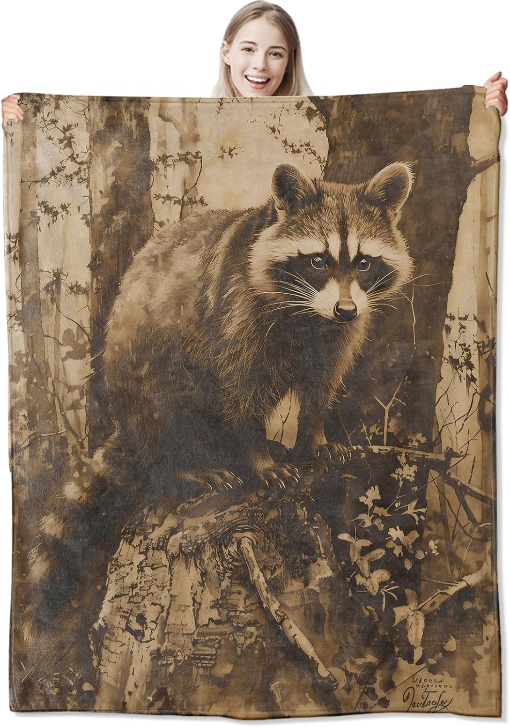 Vintage Raccoon Flannel Throw Blanket 60x80 Inch, Rustic Forest Wildlife Blankets Soft Cozy Fleece Throws for Animal Lover Bed Sofa Dorm Living Room Retro Woodland Home Decor Gifts