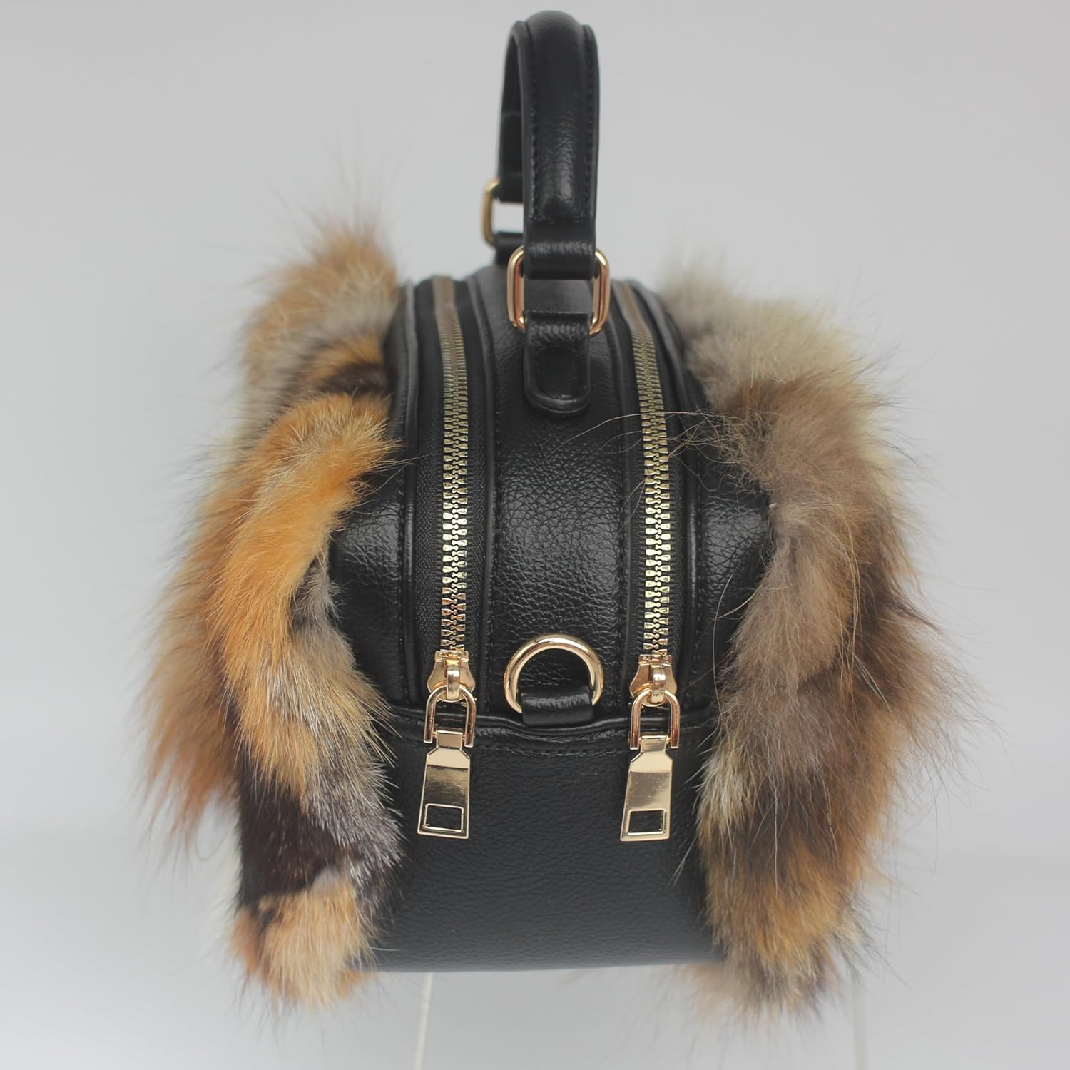 Genuine Nordic Fox Fur Square Handbag Clutch with Detachable Crossbody Strap, Leather Elegant Purse