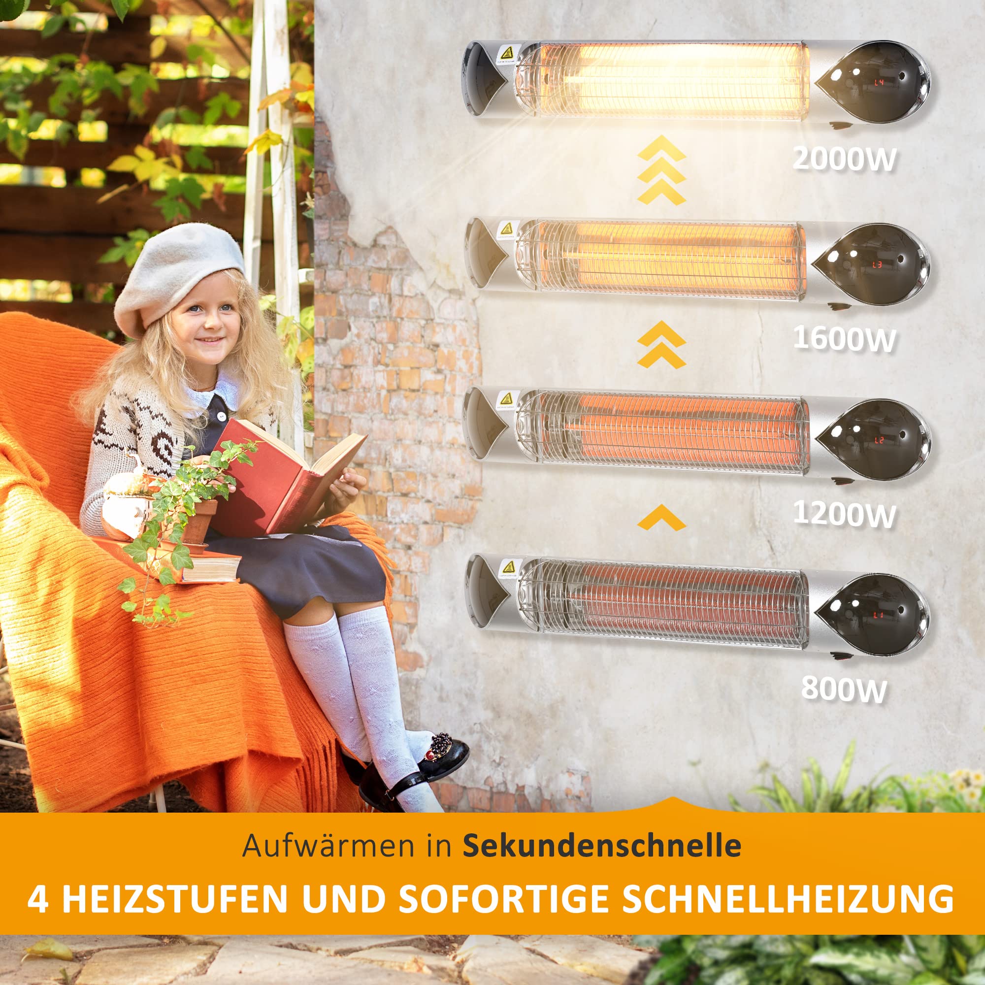 Grzejnik Outsunny, 4 poziomy grzania, 800/1200/1600/2000W, grzejnik elektryczny, grzejnik tarasowy do ogrodu z pilotem, wodoodporny, odporny na kurz, aluminium 88 x 13 x 9 cm
