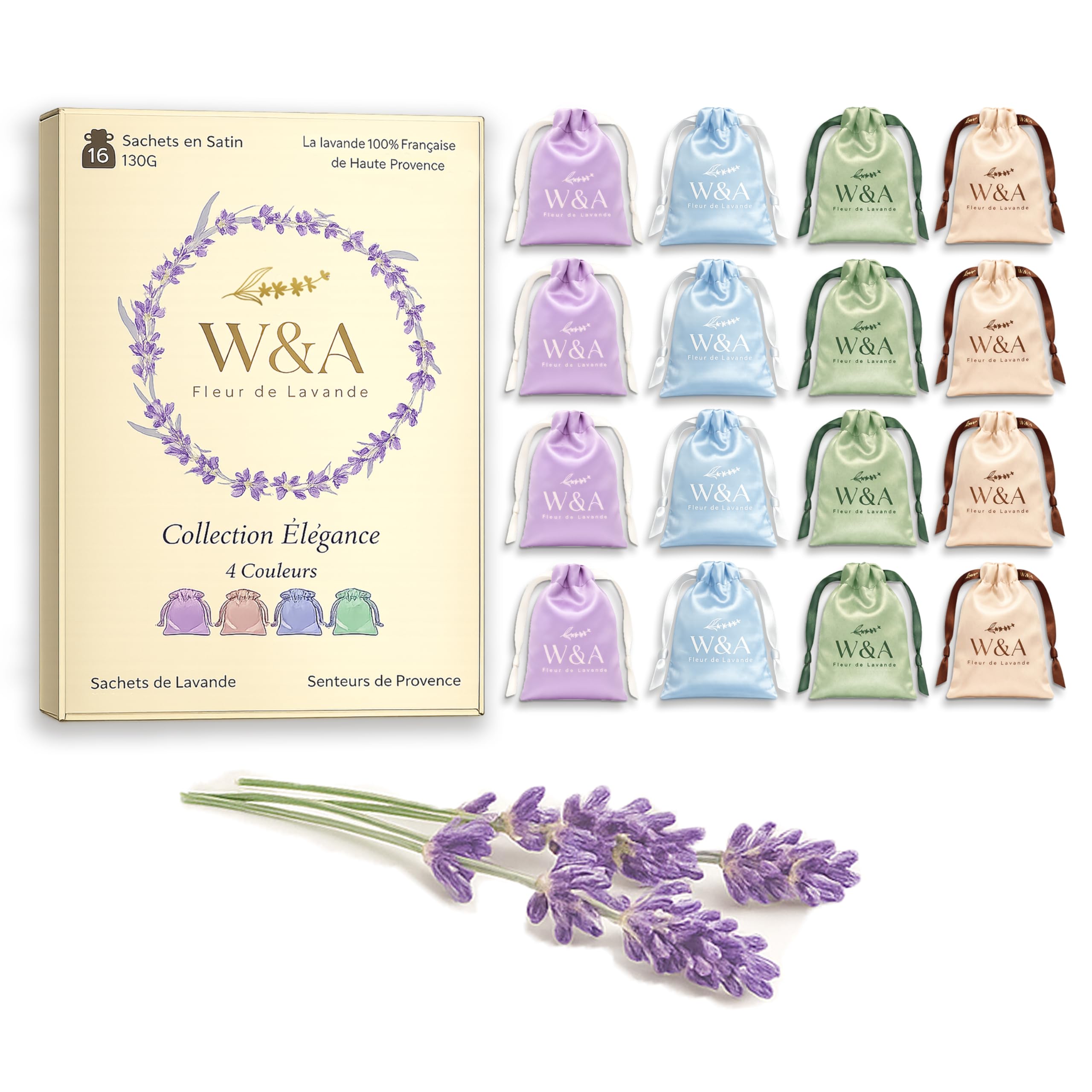 Sacchetti di Lavanda in Raso (16 Sacchetti) Lavanda Francese di Provenza | Ultimo Raccolto | 4 Colori Eleganti | Antitarme Naturale per Armadi e Cassetti | Confezione Regalo