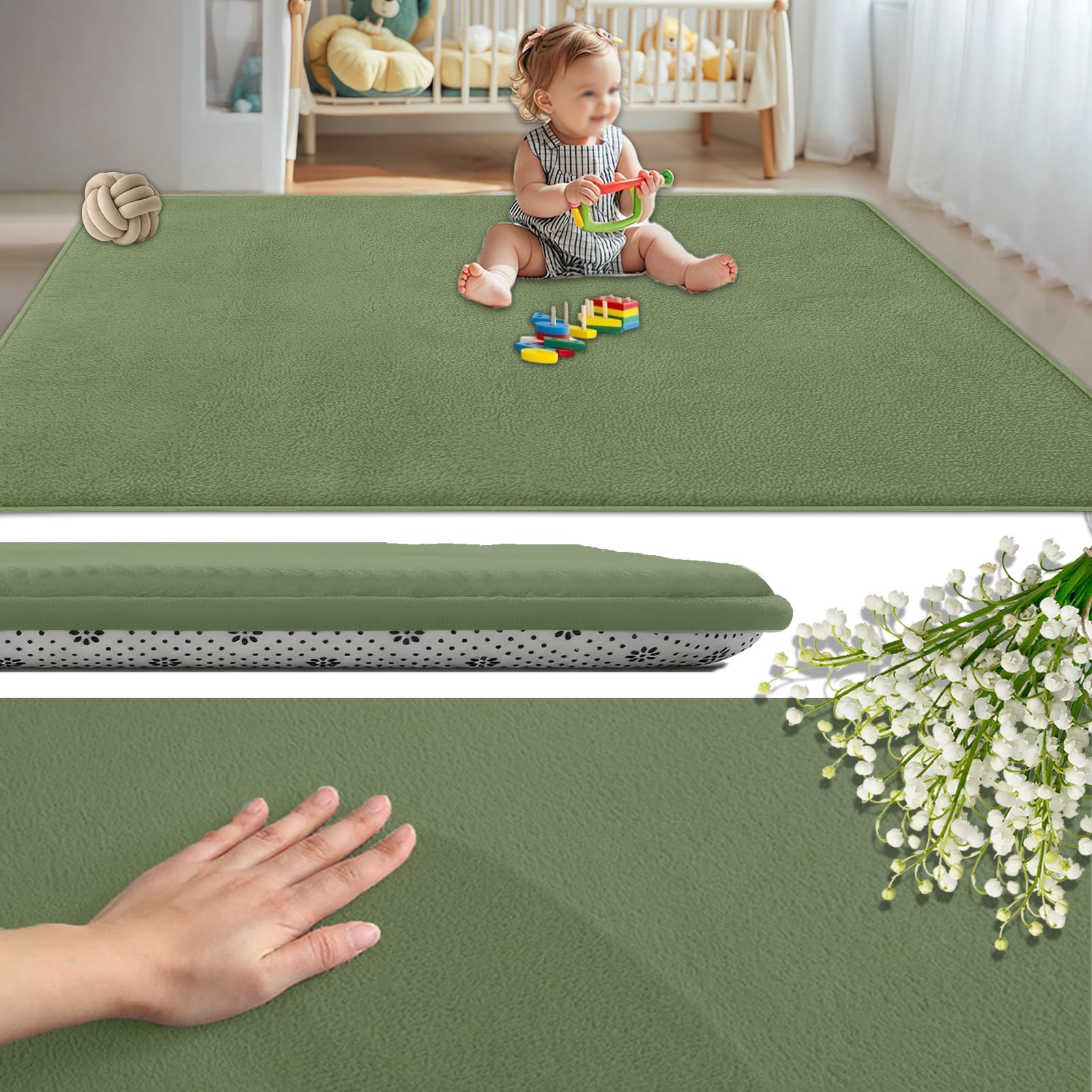 Coral Velvet Baby Play Mat 2CM Thick, Non-Slip Backing Playmat for Floor Playroom Bedroom Yoga Mat 120 x 160 cm Large Memory Foam Area Rugs for Crawling Soft Play Tummy Time Activity Grass Green