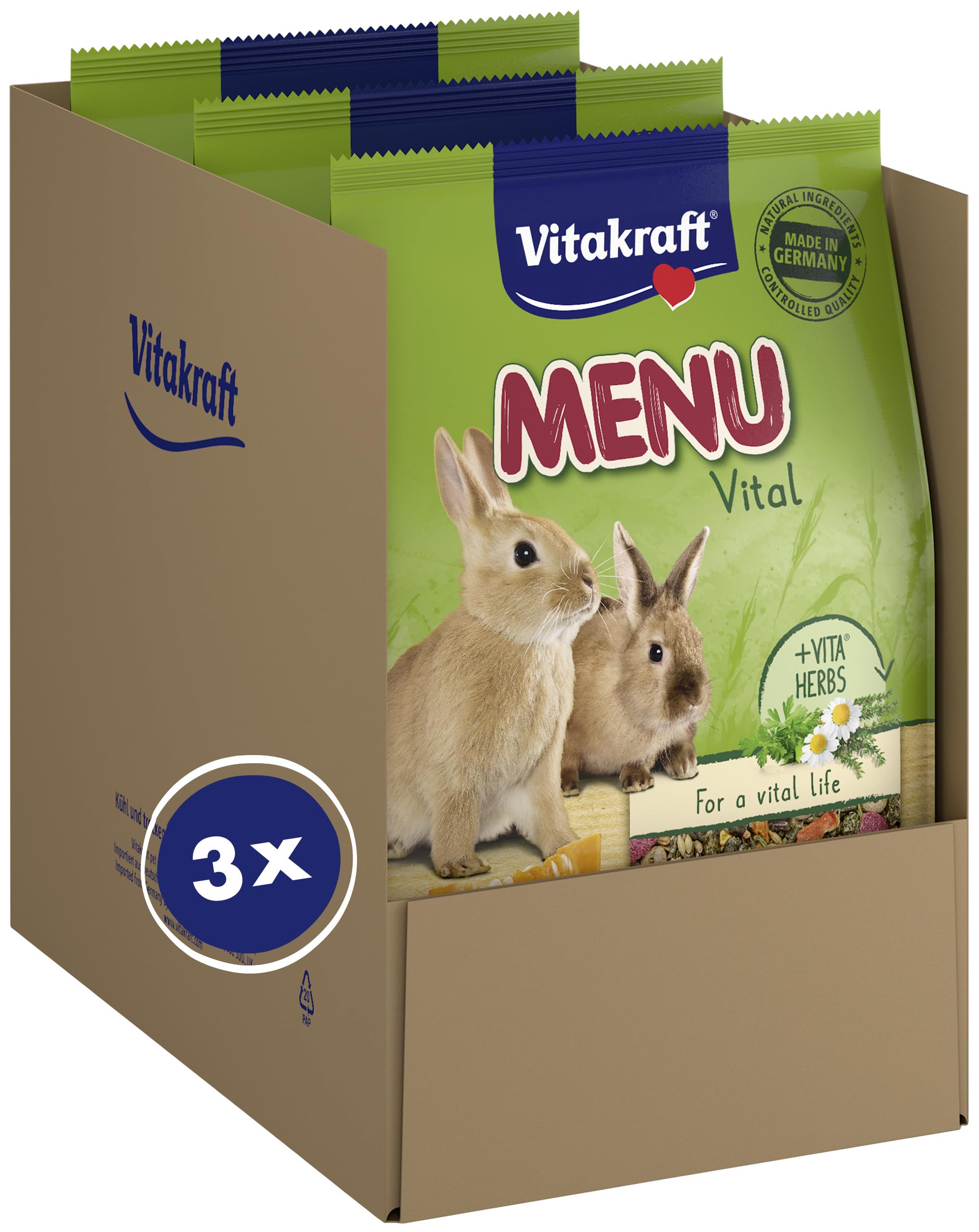 Vitakraft Menu Vital, Zwergkaninchen Futter, mit Kräutern und Gemüse, rohfaserreich, ohne Zusatz von Zucker (3x 5kg)