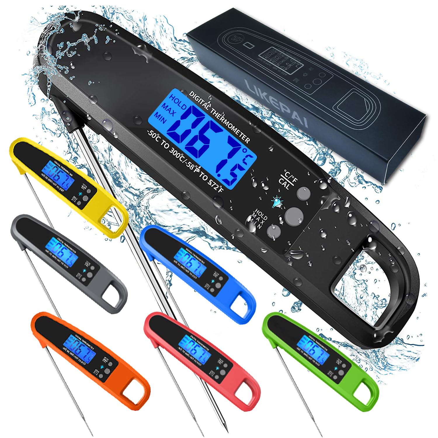 Instant Read Meat Thermometer for Kitchen Cooking, Ultra Fast Precise Waterproof Digital Food Thermometer with Backlight, Magnet and Foldable Probe for Deep Fry, Outdoor BBQ, Grill(Black)