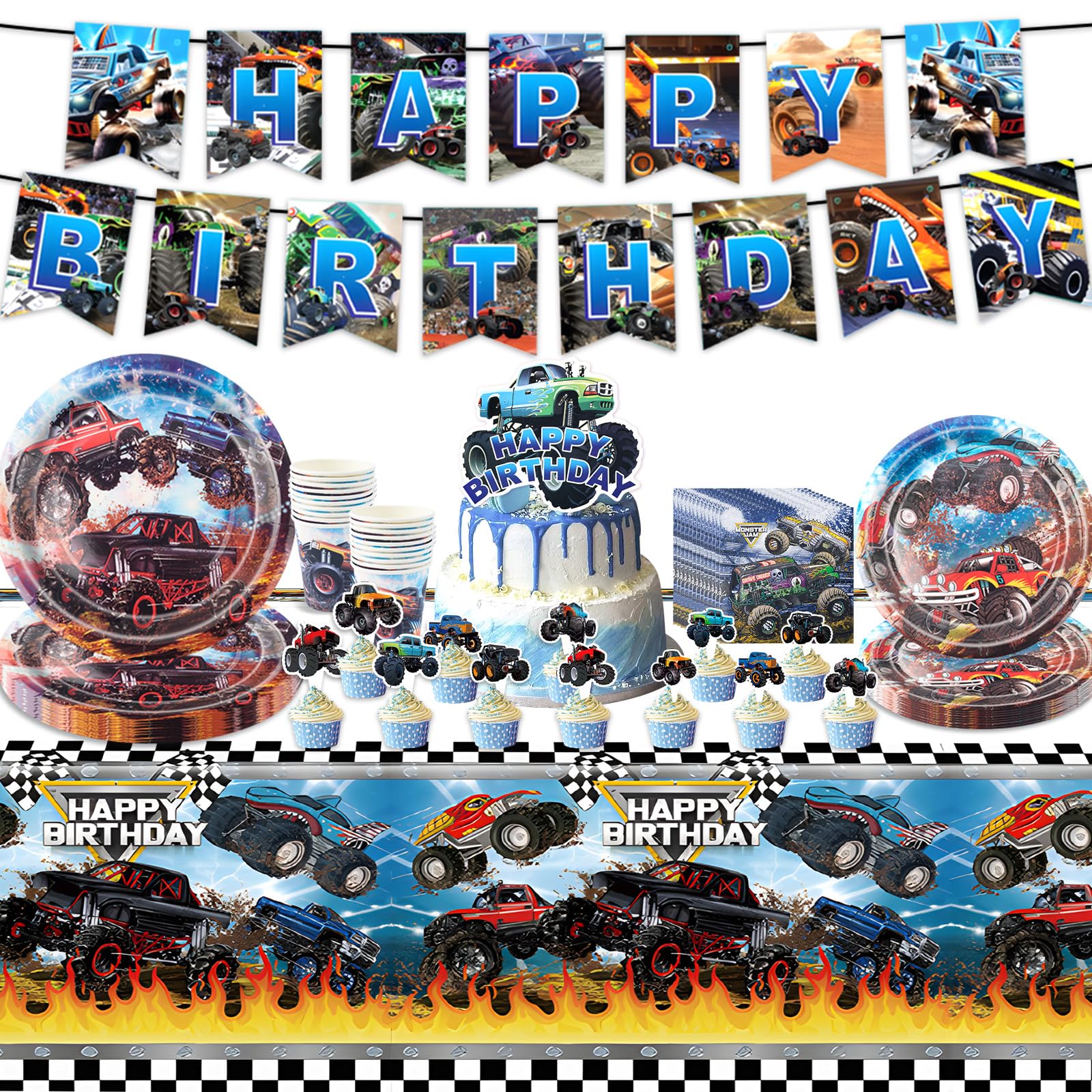77 PCS Moster Truck Tableware Set, Moster Truck Birthday Decorations with Banner Cake Topper, Plates, Tissue ect, Theme Party Supplies for Boys Girls Birthday Theme Decoration