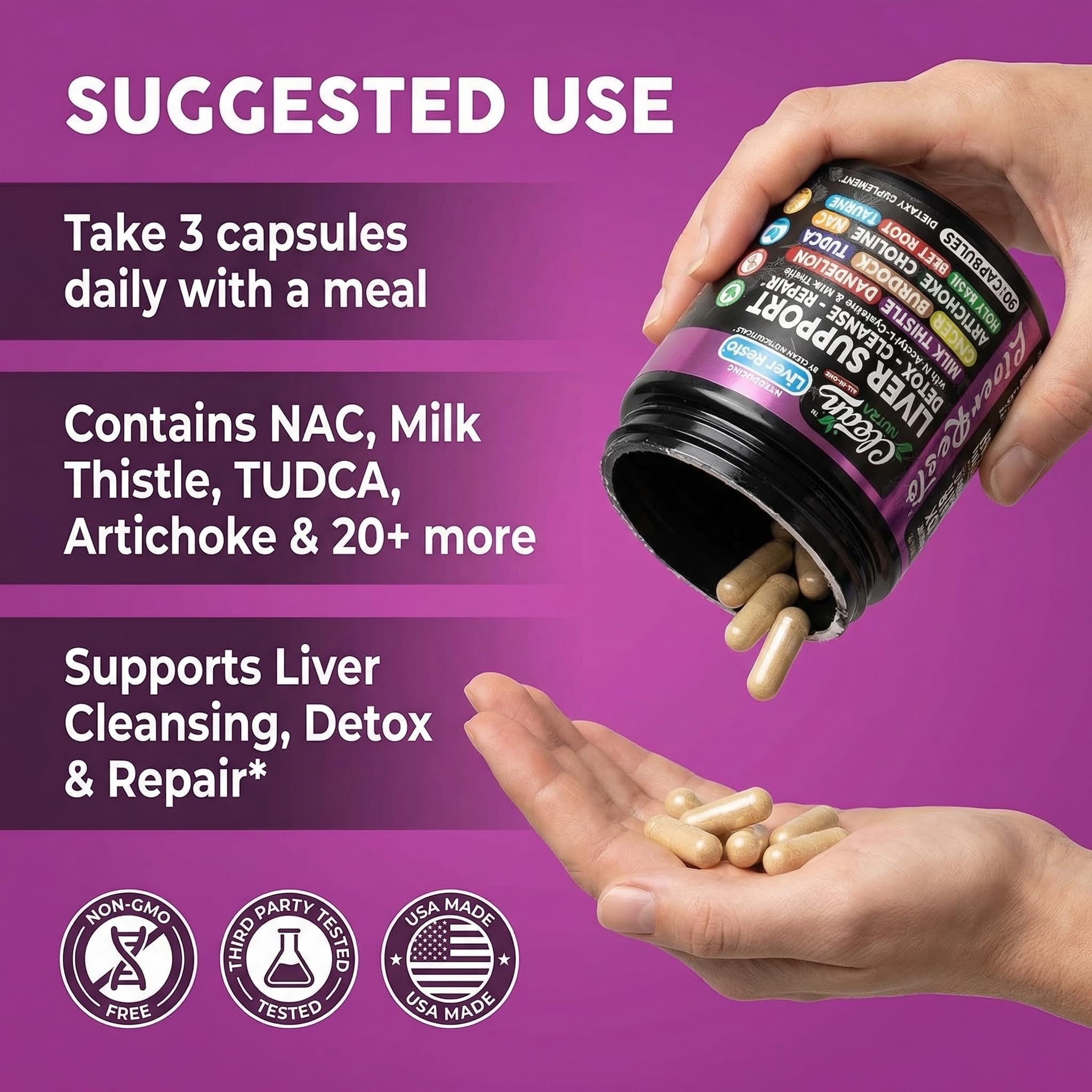 Clean Nutraceuticals Liver Cleanse Detox & Repair | Milk Thistle Supplement + NAC, TUDCA, Dandelion Root, Artichoke, Choline, Ginger, Beet Root, Burdock, Taurine, Liver Support 90 Capsules — Amazon image 6