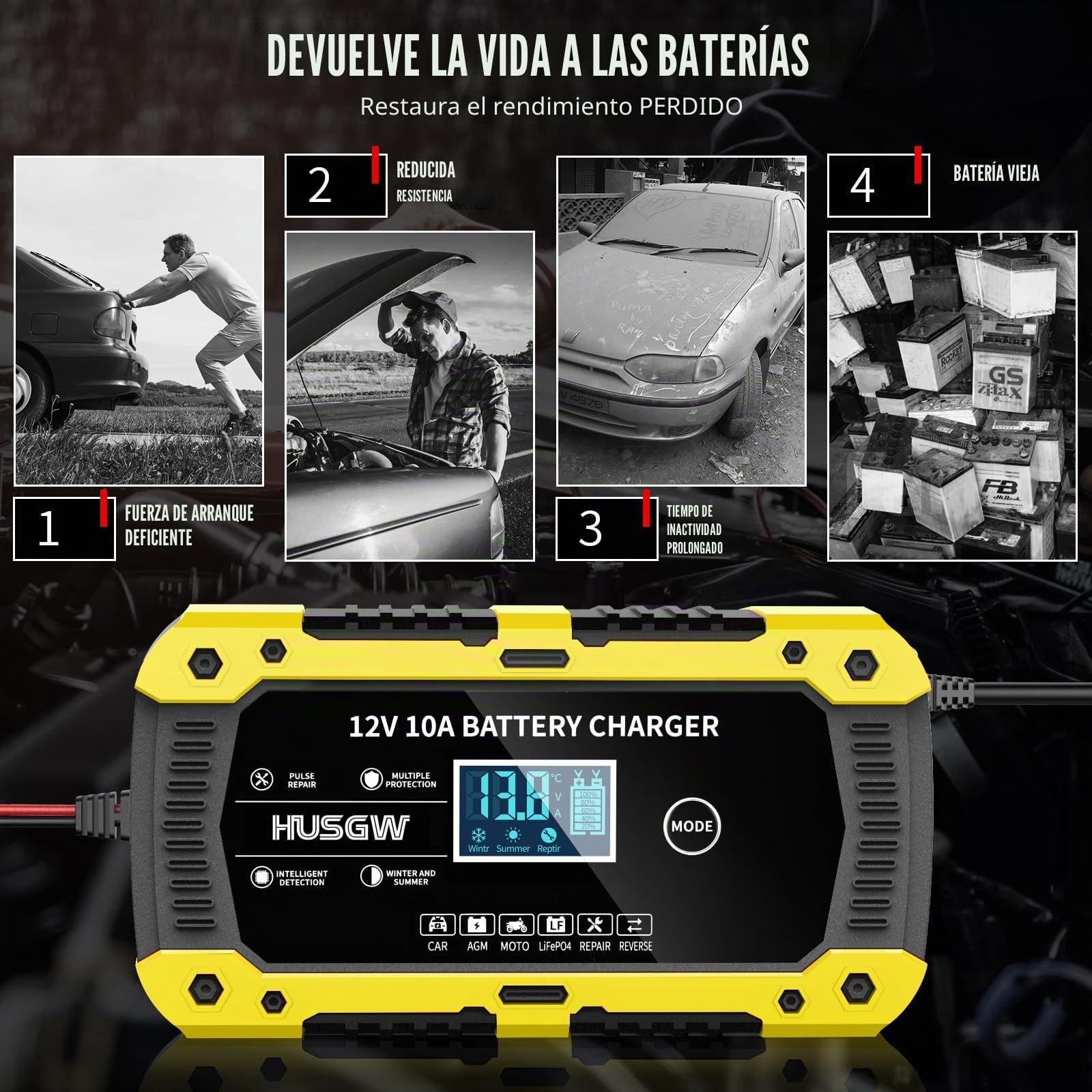12V10A Cargador Baterias Coche, Cargador de Baterias Coche y Moto Inteligente y Funciones, Adecuado para Baterías Automotrices LiFePO4,para Coche/Moto/Clippers/AGM/Gel/Wet/SLA (10A) (10 Amarillo)