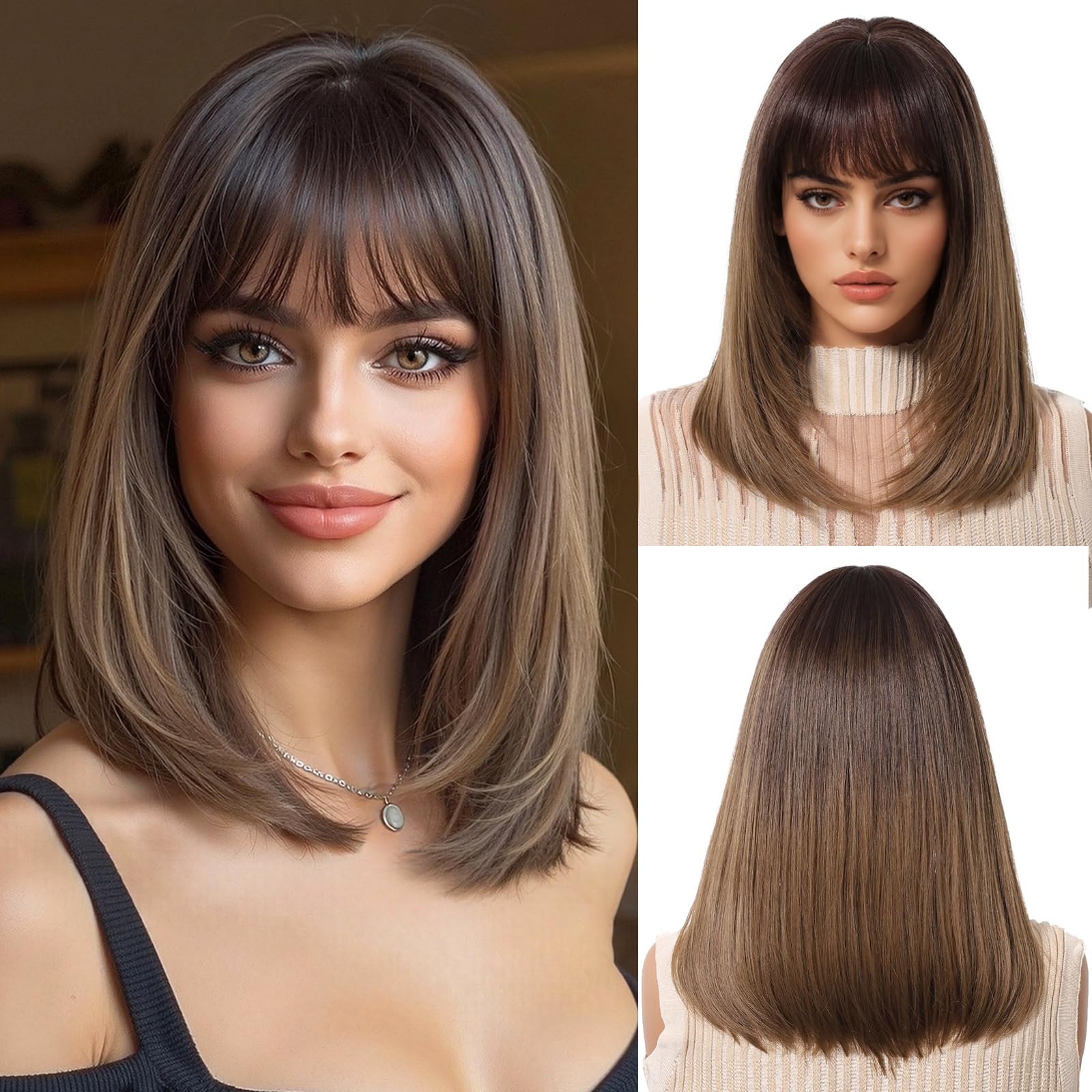 OUFEI Ombre Braun Bob Perücke mit Pony Kurze Gerade Perücke für Frauen Synthetisches Haar Perücken für Tägliche Party Cosplay Tragen