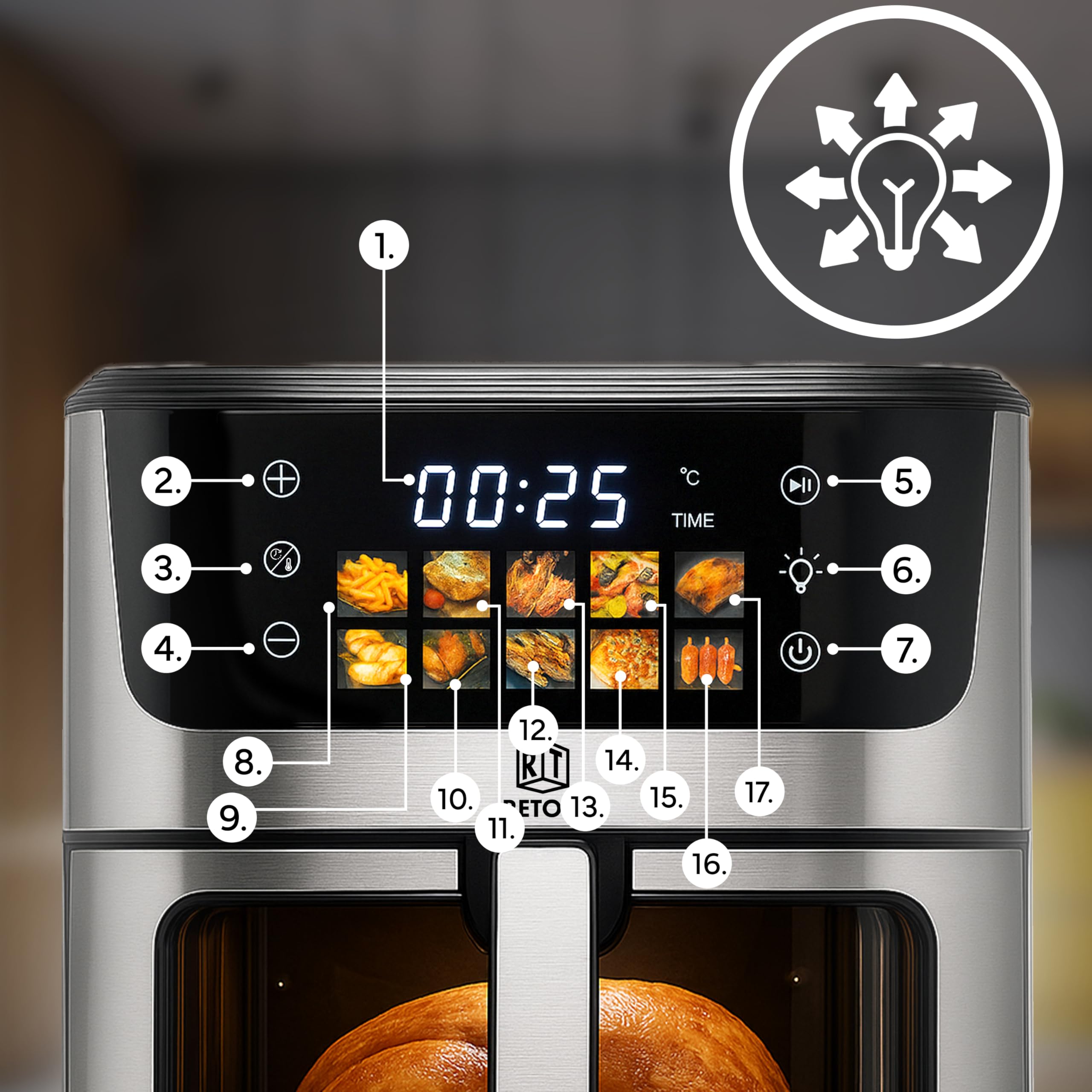Retoo Frytkownica na gorące powietrze, 5,5 l, 1500 W, 7 programów, frytkownica na gorące powietrze, maks. 200°C, do 90% mniej tłuszczu, touchpad, frytkownica bez oleju, dieta i cyfrowa, wykończenie ze