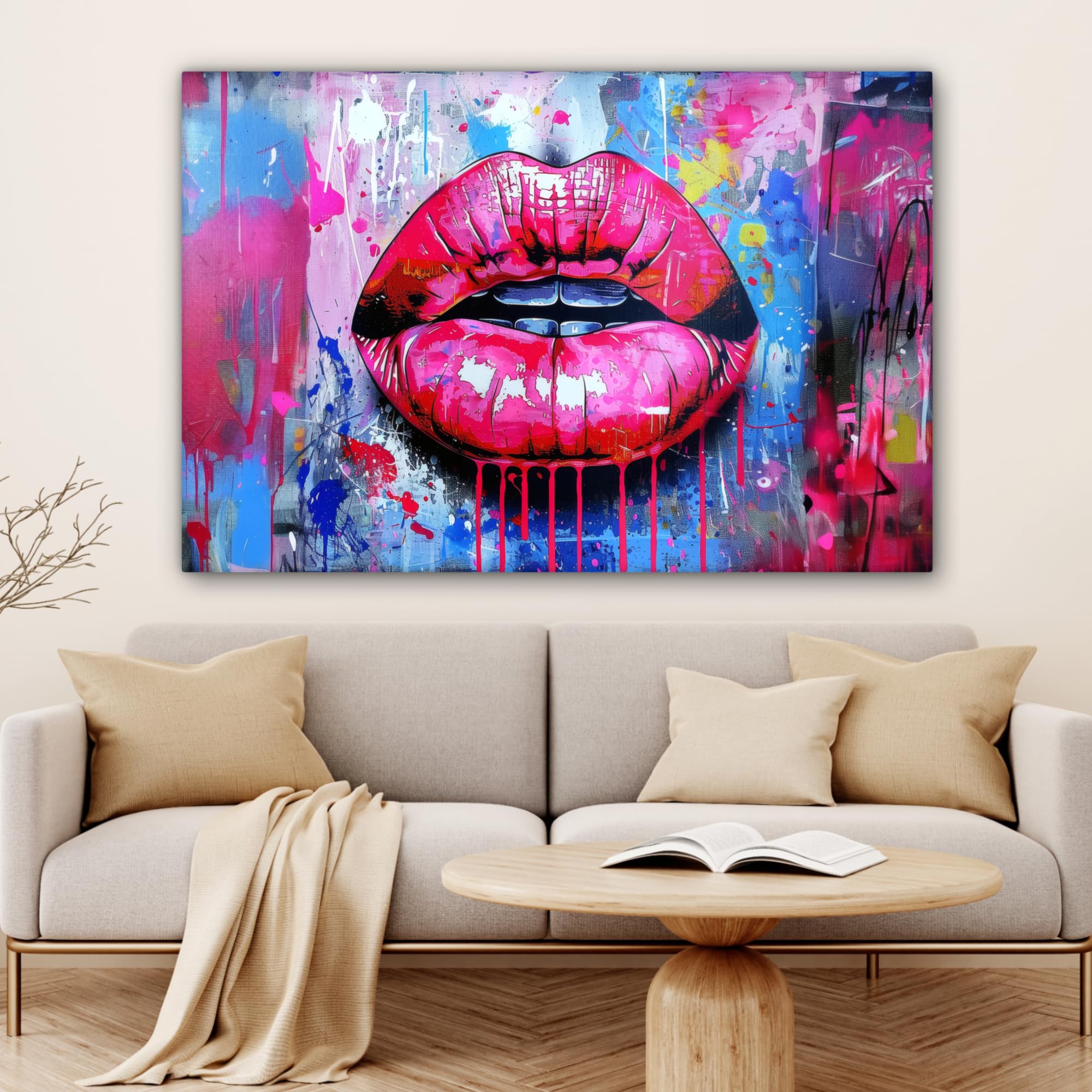 MuchoWow© Impression sur Toile Decoration Murale Peinture 120x80 cm Tableaux Art Décoratif Muraux Décoration Chambre Graffiti - Lèvres - Rose Vif - Peint