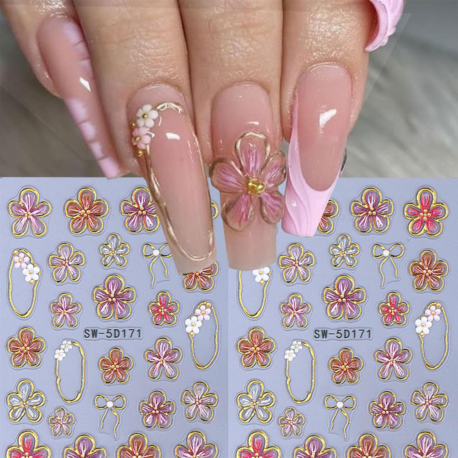 Yakomon 5D Blumen-Nagelaufkleber - Selbstklebend, 2 Bögen, Für DIY Nail Art