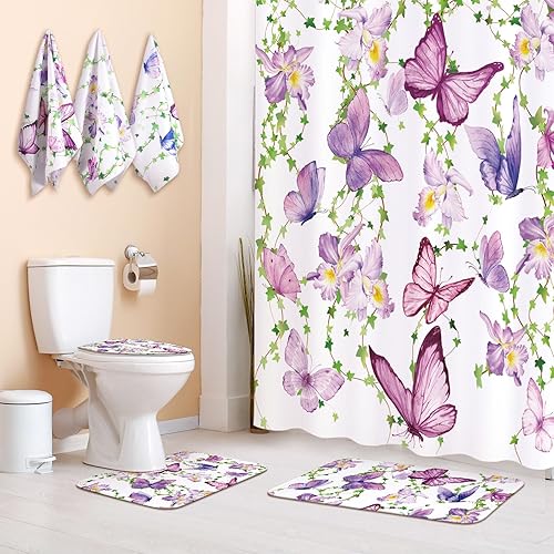 Miniatura 7 de Juego de 7 cortinas de ducha con flores silvestres, decoración floral de baño, cortina de ducha y tapetes para toallas, tapete de inodoro,