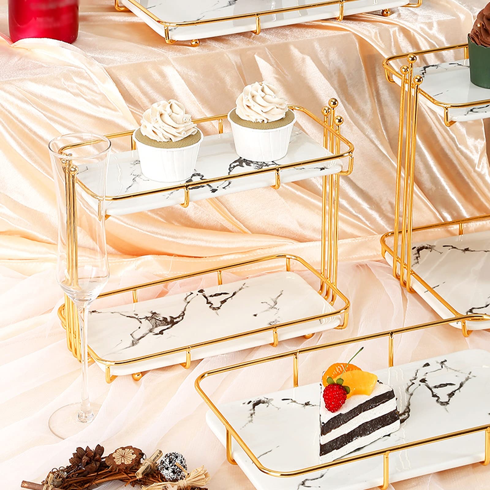 Bandejas para Tartas Mesa de cupcake rectangular Mesa de postre de cerámica europea con soporte de metal Torta de dos niveles Pantalla Pantalla de pastelería decorativa Soporte para Cupcakes