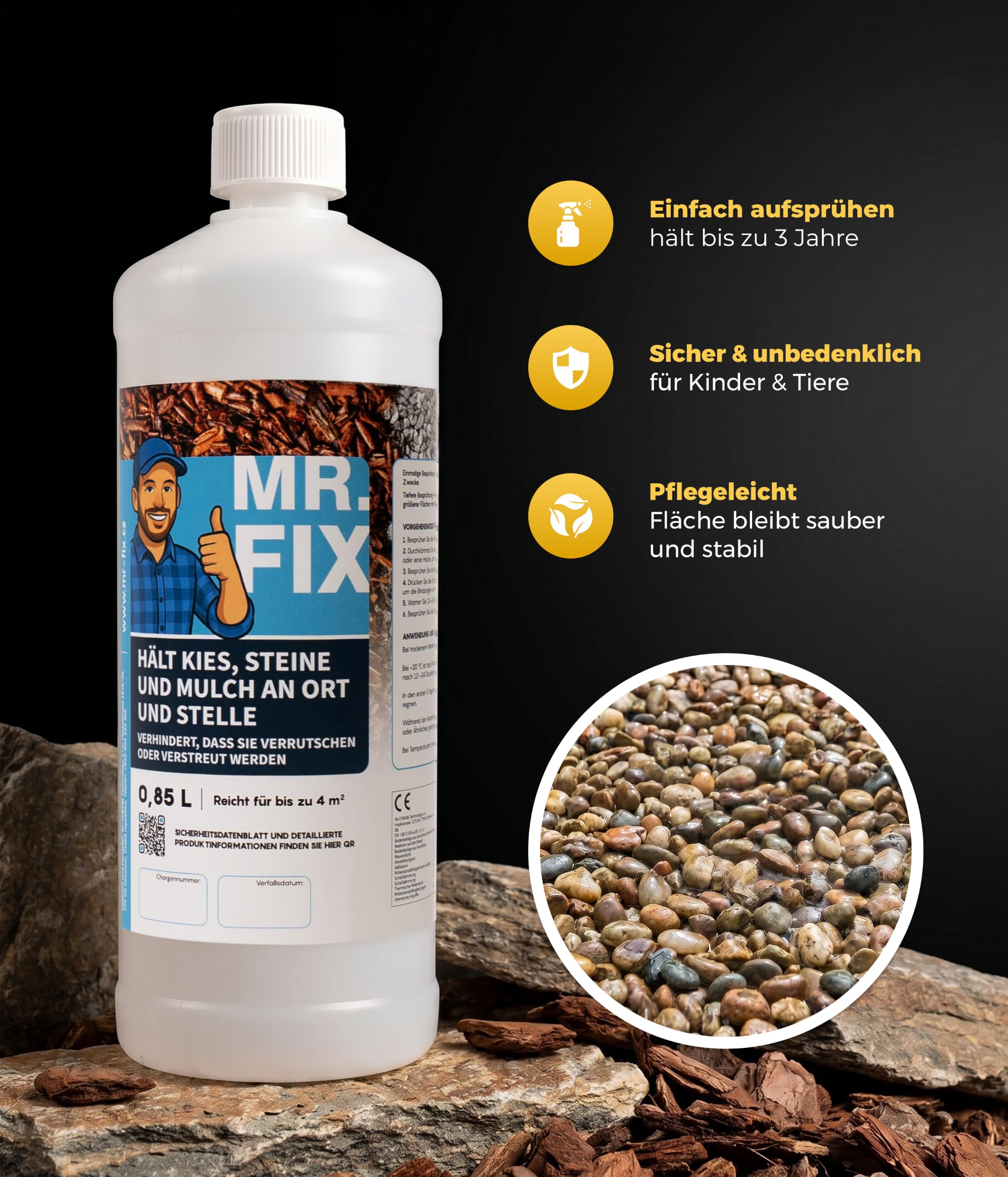 MR. FIX® Kiesbinder (0,85l) – Steinkleber wasserfest & UV-beständig, einfache Anwendung, starke Haftung für Garten & Wege – Kiesverfestiger für Haus und Garten – Made in Germany