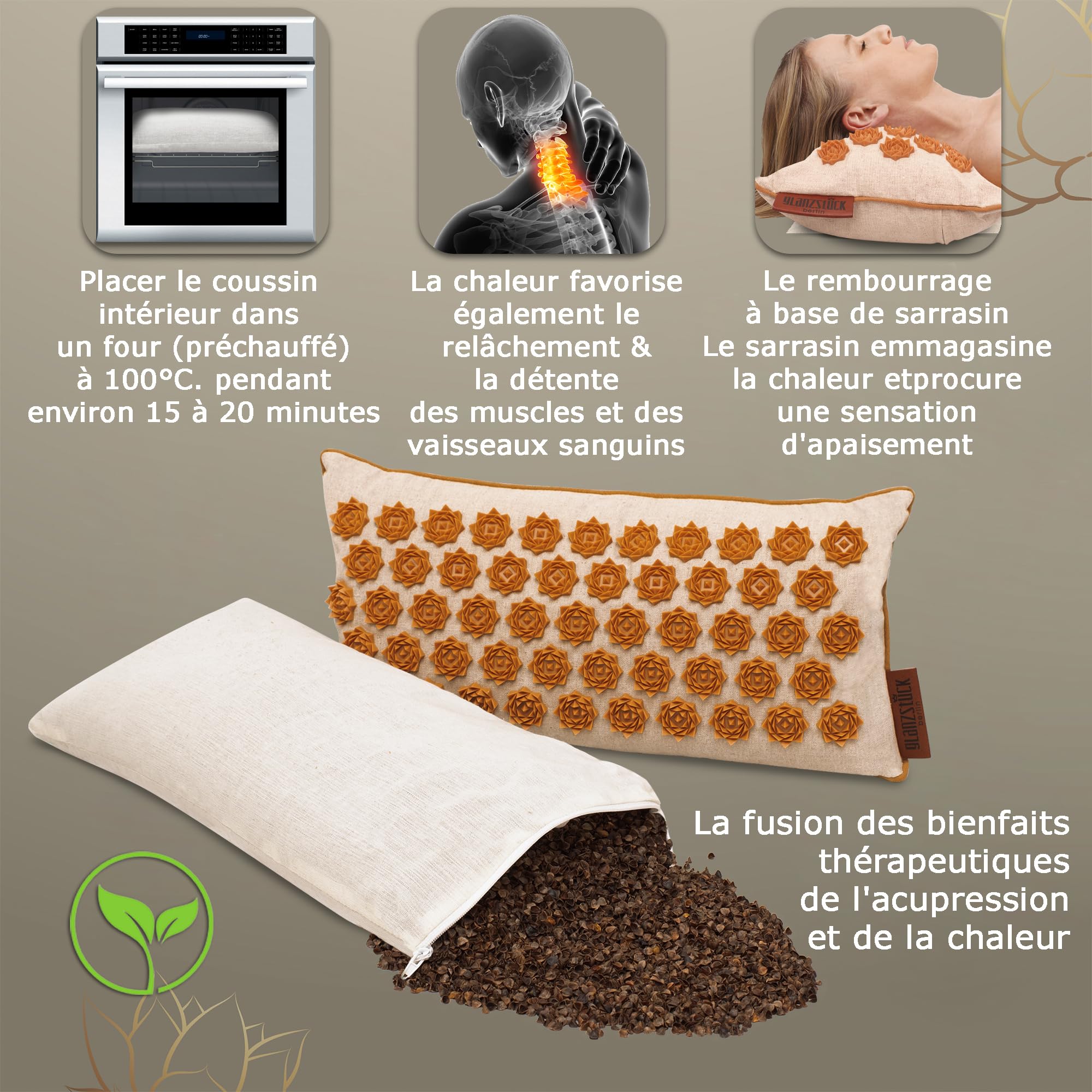 Glanzstück Berlin® Health Collection : tapis d'acupression XL original en lin, aide à soulager les tensions, les maux de dos, tapis de massage avec coussin (fonction chauffante) et sac, durable