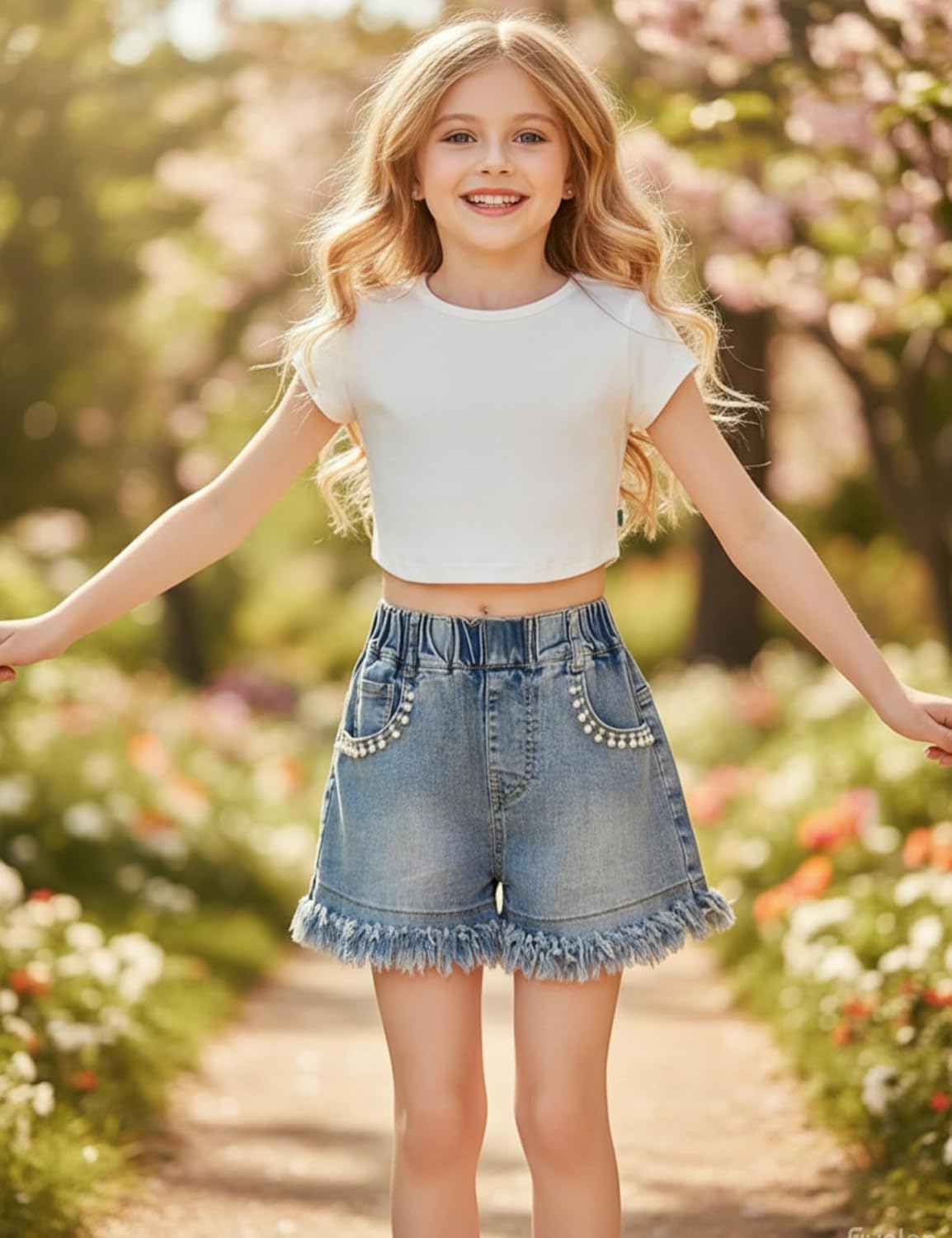 Elastic Waist Girl's Denim Shorts Frayed Casual Summer Shorts - Image 6