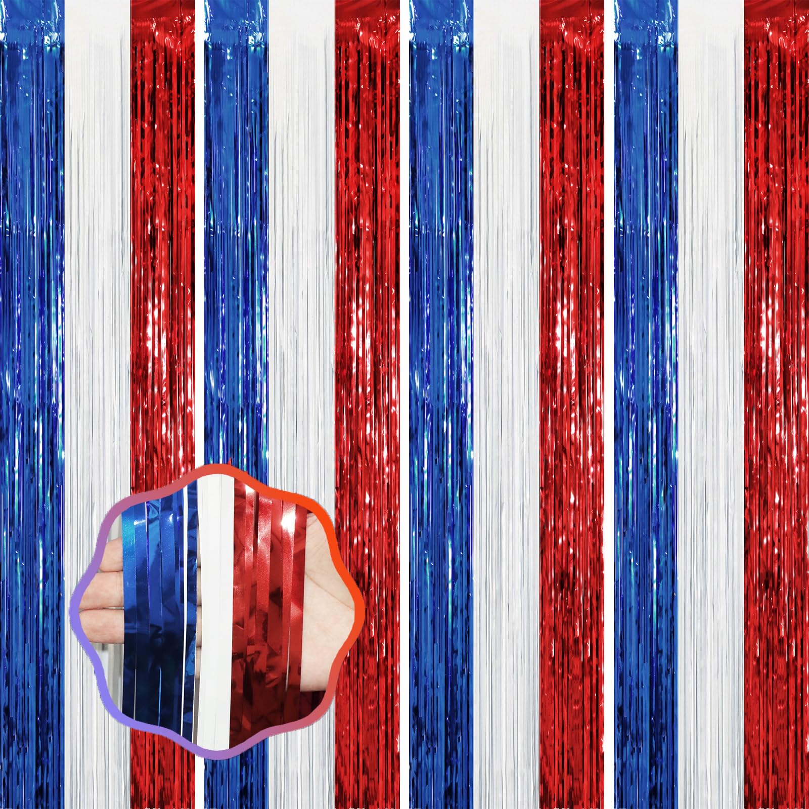 Voircoloria 4 Pack Red White Blue Foil Fringe Backdrop Curtains, 3.3x8.2 Ft