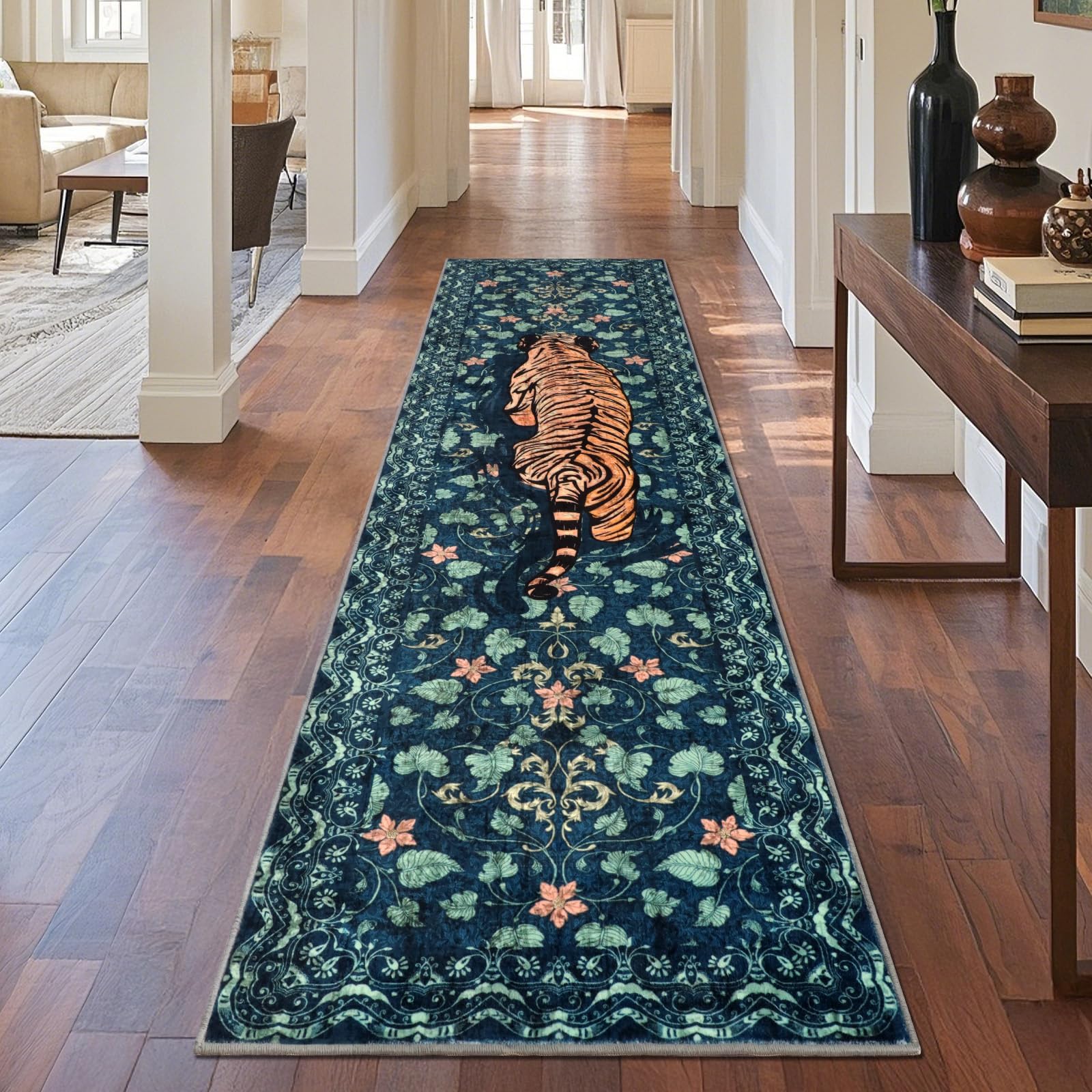 TUKDAK Tiger Hallway Runner Rug 60×240cm, Washable Kitchen Carpet Runners with Non-Slip Rubber Backing, Short Pile Non-Shedding Bedroom Rug, Vintage Animal Floor Mat for Entryway Door Entrances