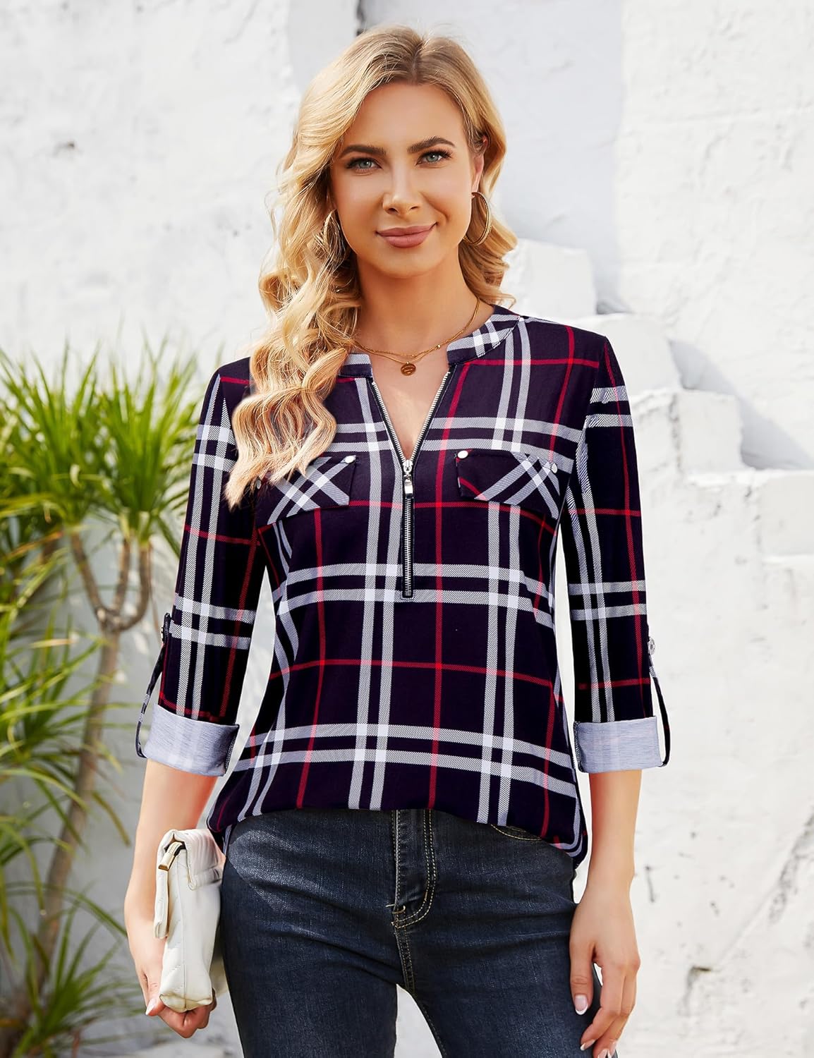 Bulotus Women's Zip Front V-Neck 3/4 Sleeve Tunic Casual Top Black Plaid X-Large