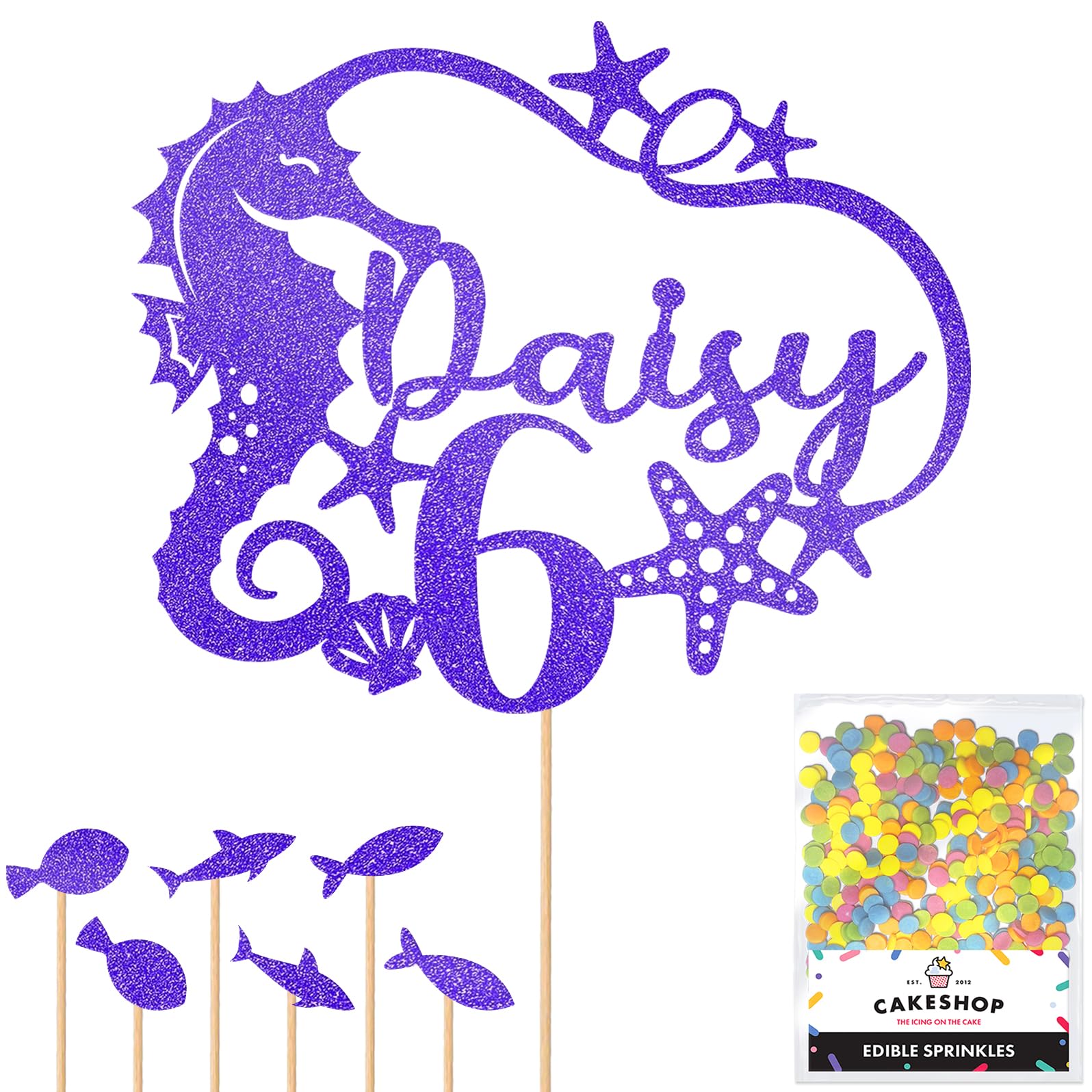 Personalised Birthday Seahorse Glitter Cake Topper- Bright Blue Any Custom Age & Name Glitter Cake Decoration and Sprinkles - Happy Birthday Decorations - Personalised Toppers for Cakes by Cakeshop — image 1