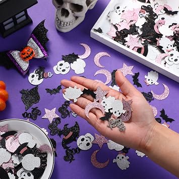 Aoriher 300 Pcs Halloween Confetti Halloween Party Table Scatter Confetti Glitter Boo Bat Ghost Pumpkin for Baby Shower Birthday Table Decor Supplies(Pink)