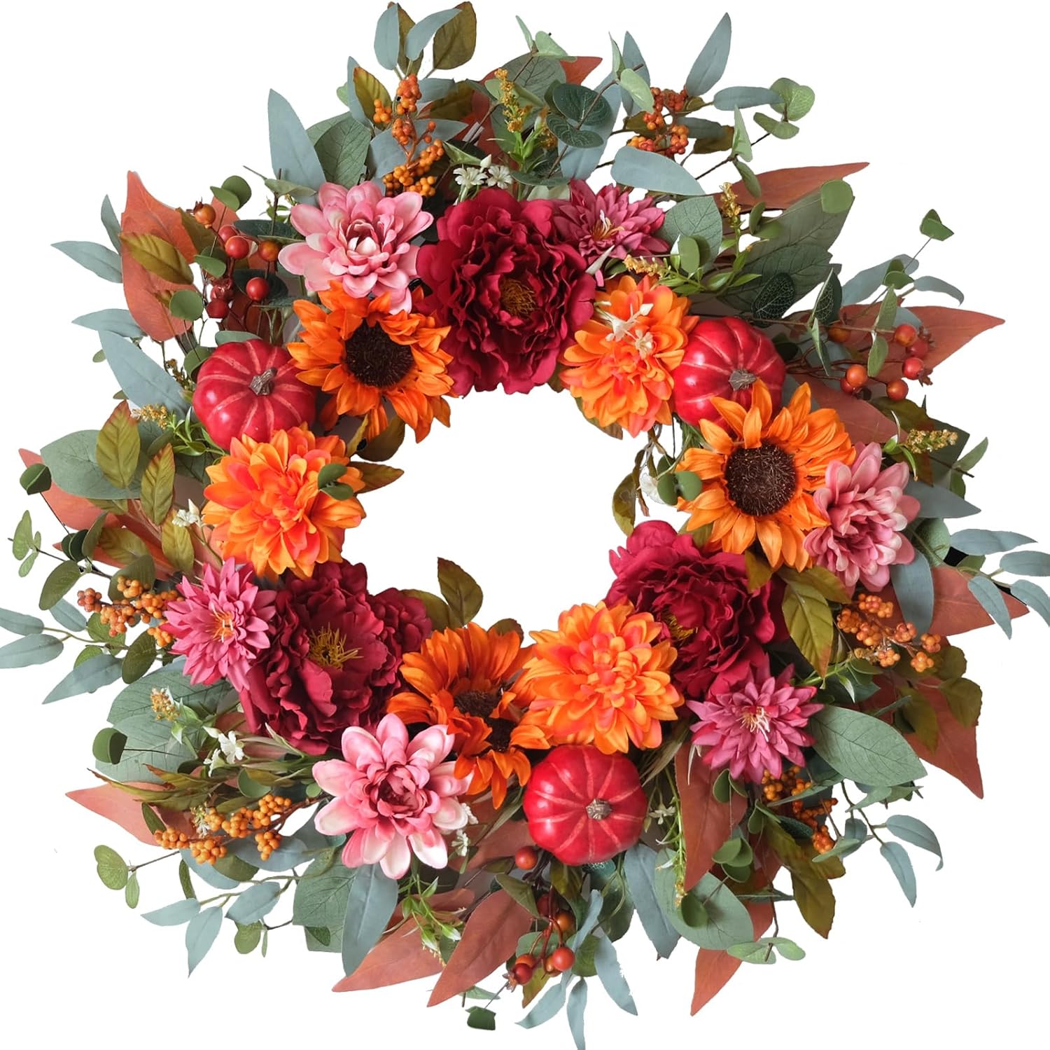 24 Inch Fall Sunflower Peony Pumpkin Wreath for Front Door, Fall Thanksgiving Eucalyptus Boxwood Floral Wreaths for Indoor Outdoor, Fall Pumpkin Flower Door Decor Wreaths
