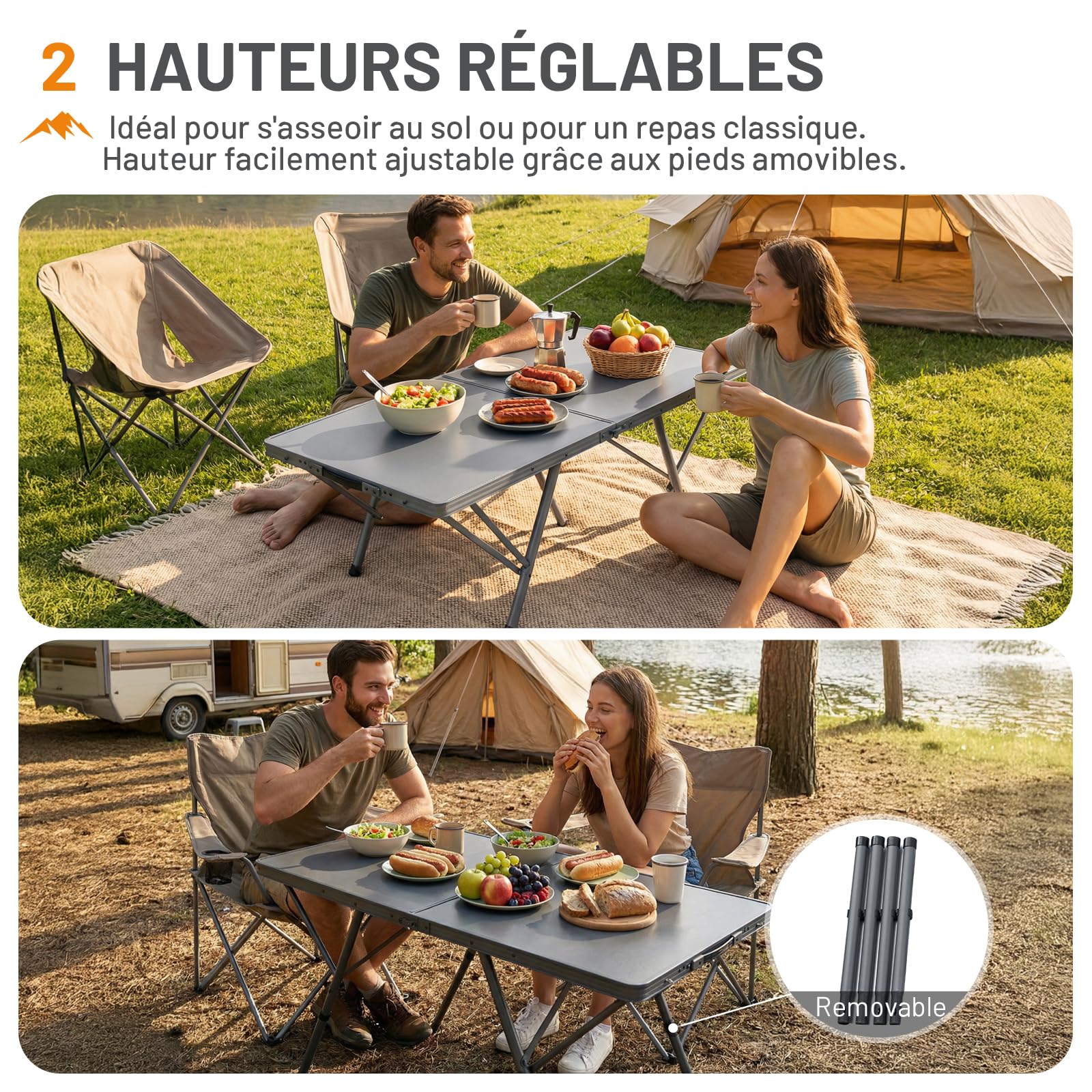 Portal Table de camping pliable - 120 x 60 cm - Extra large - En aluminium - Hauteur réglable - Pour 4 à 6 personnes - Table pliante - Idéale pour pique-nique, jardin, balcon, fête, camping-car