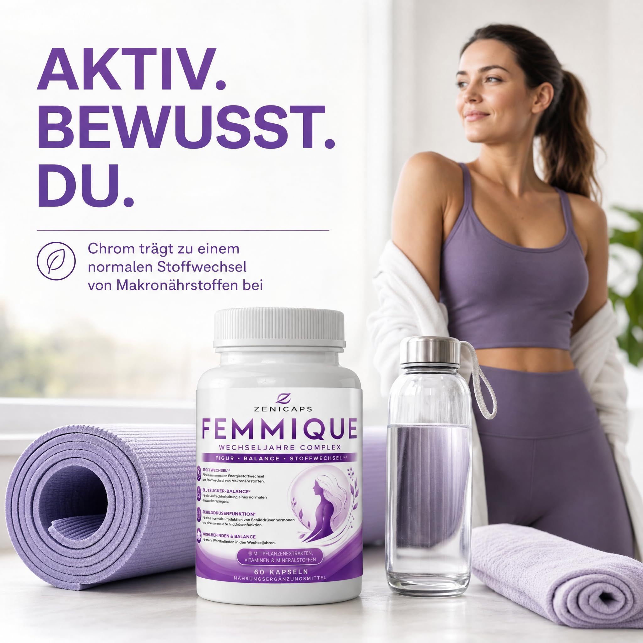 FEMMIQUE Wechseljahre Complex 60 Kapseln – Frauen Komplex mit Jod & Chrom – für normalen Energiestoffwechsel, Makronährstoffwechsel & Schilddrüsenfunktion