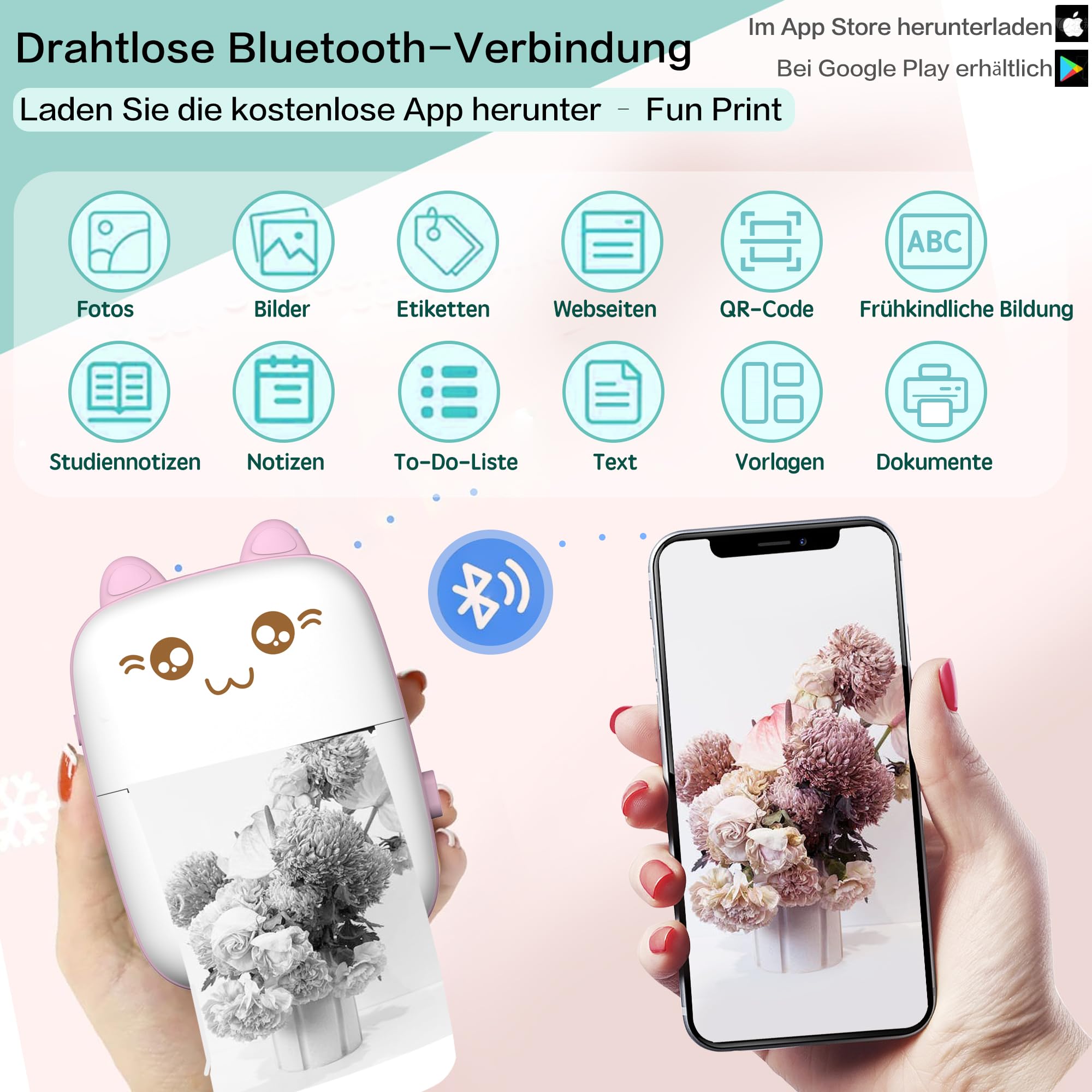 Mini Stampante Portatile Bluetooth, Stampante Termica Fotografica Rosa JEPEErbz