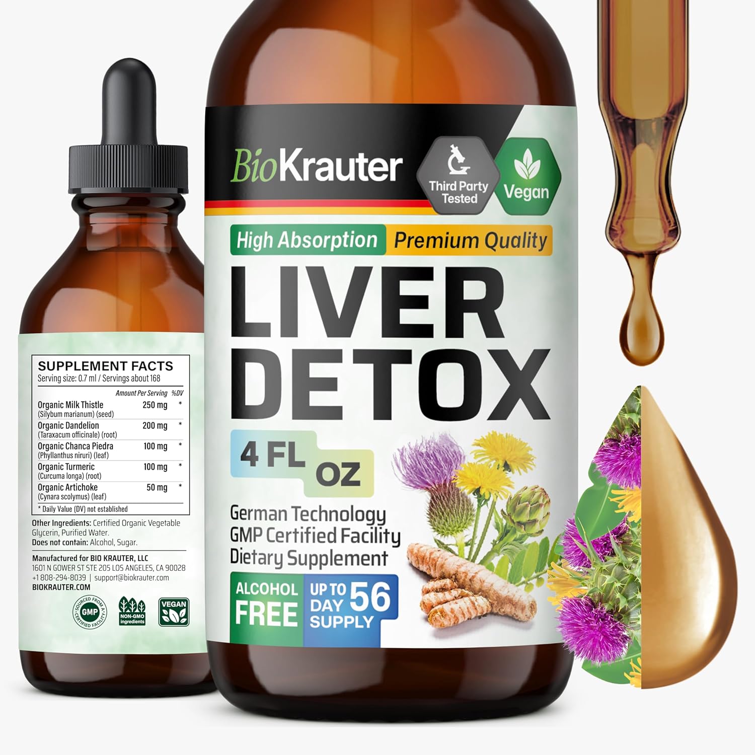 BIO KRAUTER Liver Detox Liquid – Liver Cleanse Detox Liquid Drops – Milk Thistle, Chanca Piedra, Turmeric, Dandelion, Artichoke – Vegan Drops 4 Fl. Oz.