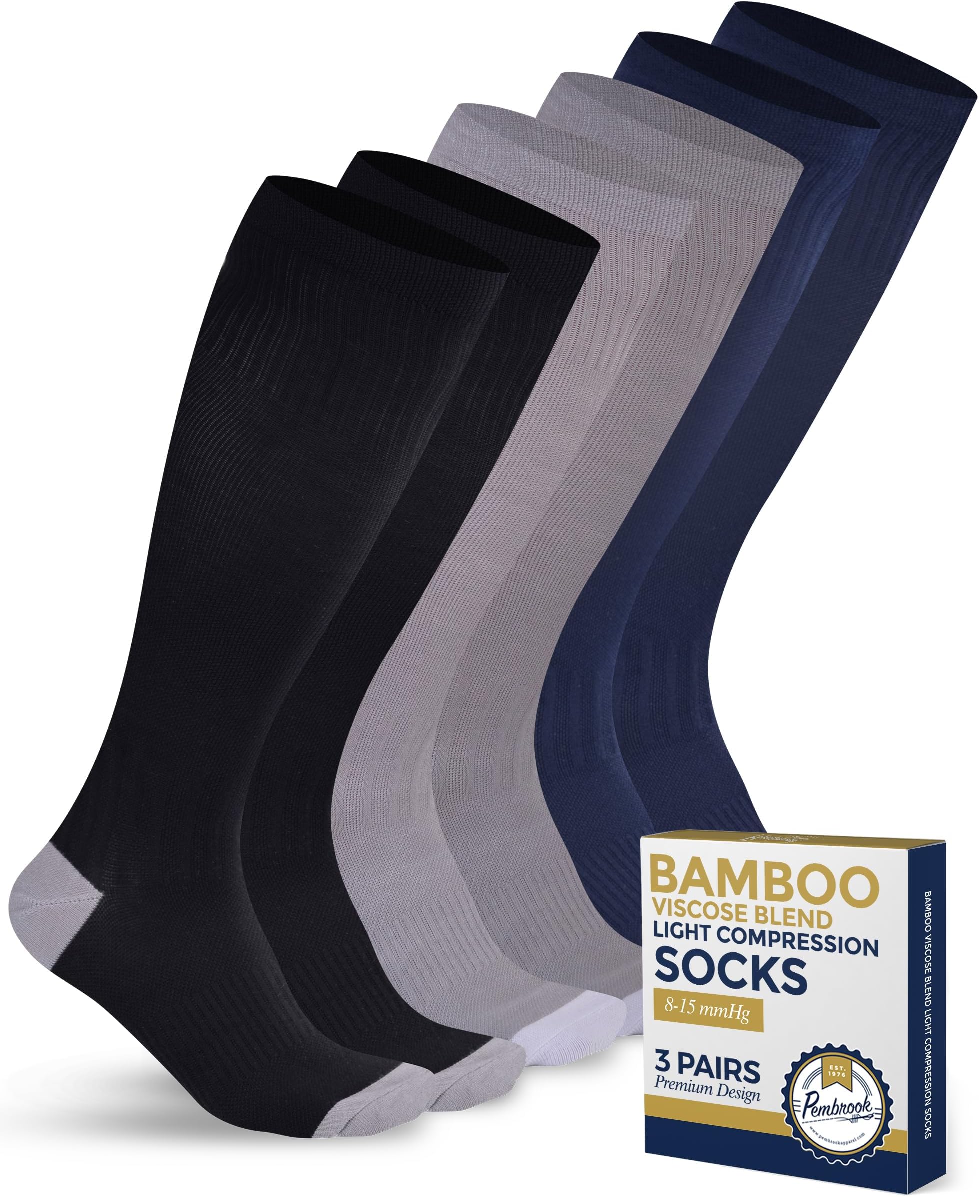 Pembrook Bamboo Viscose Light Compression Socks - 3 Pairs | 8-15 mmhg Compression Socks | Knee High Comfort Support Socks