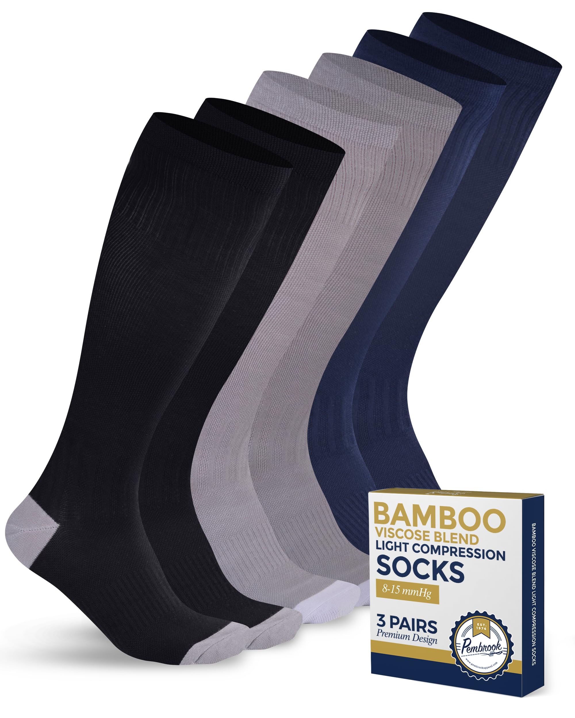 Pembrook Bamboo Viscose Light Compression Socks - 3 Pairs | 8-15 mmhg Compression Socks | Knee High Comfort Support Socks