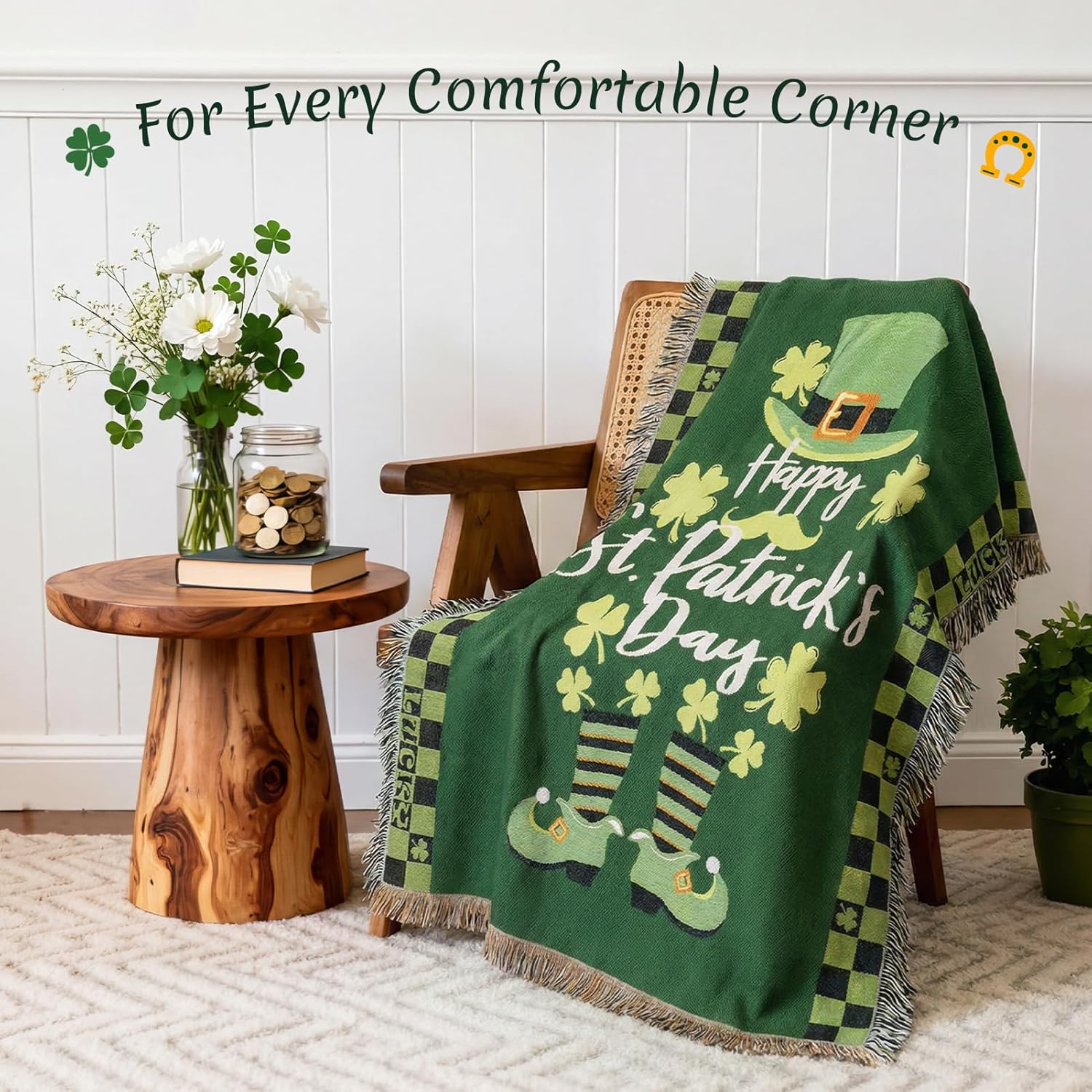 Phantoscope St. Patrick's Day Blanket, Soft Jacquard Knitted Throw Blankets with Tassel, Warm Cozy Blankets with Lucky Clover Elf Boots Blanket for Couch Living Room Bedroom, Green, 50 x 60 Inches - Image 3