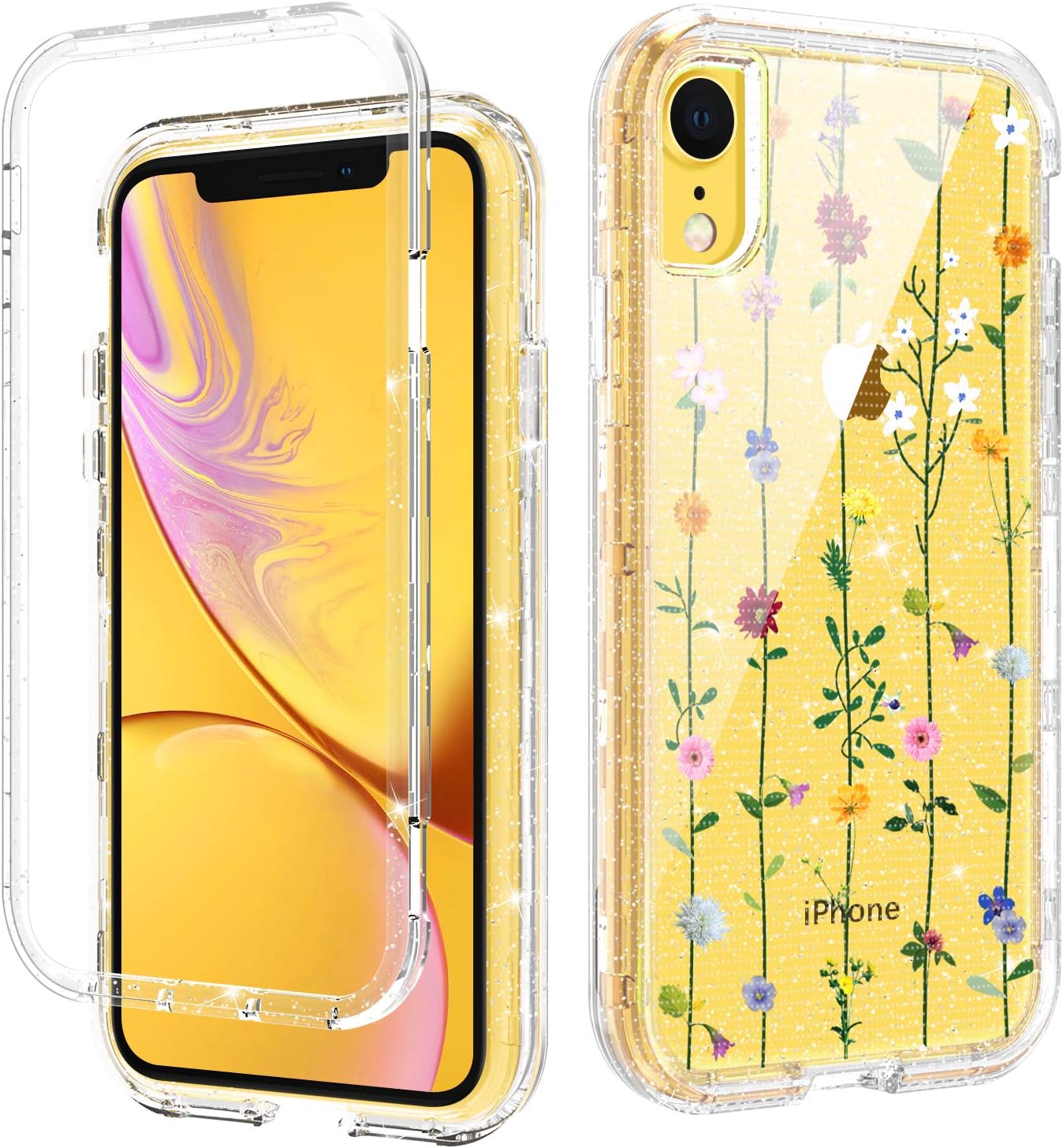 DOMAVER for iPhone XR Case Clear Glitter Floral Wildflower for Girls Women Sparkle Hard PC Flexible Rubber Cover Shockproof Protective Phone Cases, Flower String