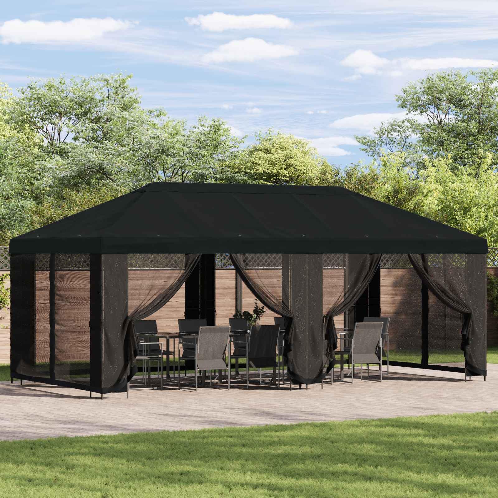 vidaXL Pawilon ze ścianami bocznymi 6 x 3 m, czarny, poliester i stal, stylowy namiot ogrodowy, na taras i do ogrodu, nowoczesny pawilon ze ścianami bocznymi z siatki, elegancki zestaw do ochrony