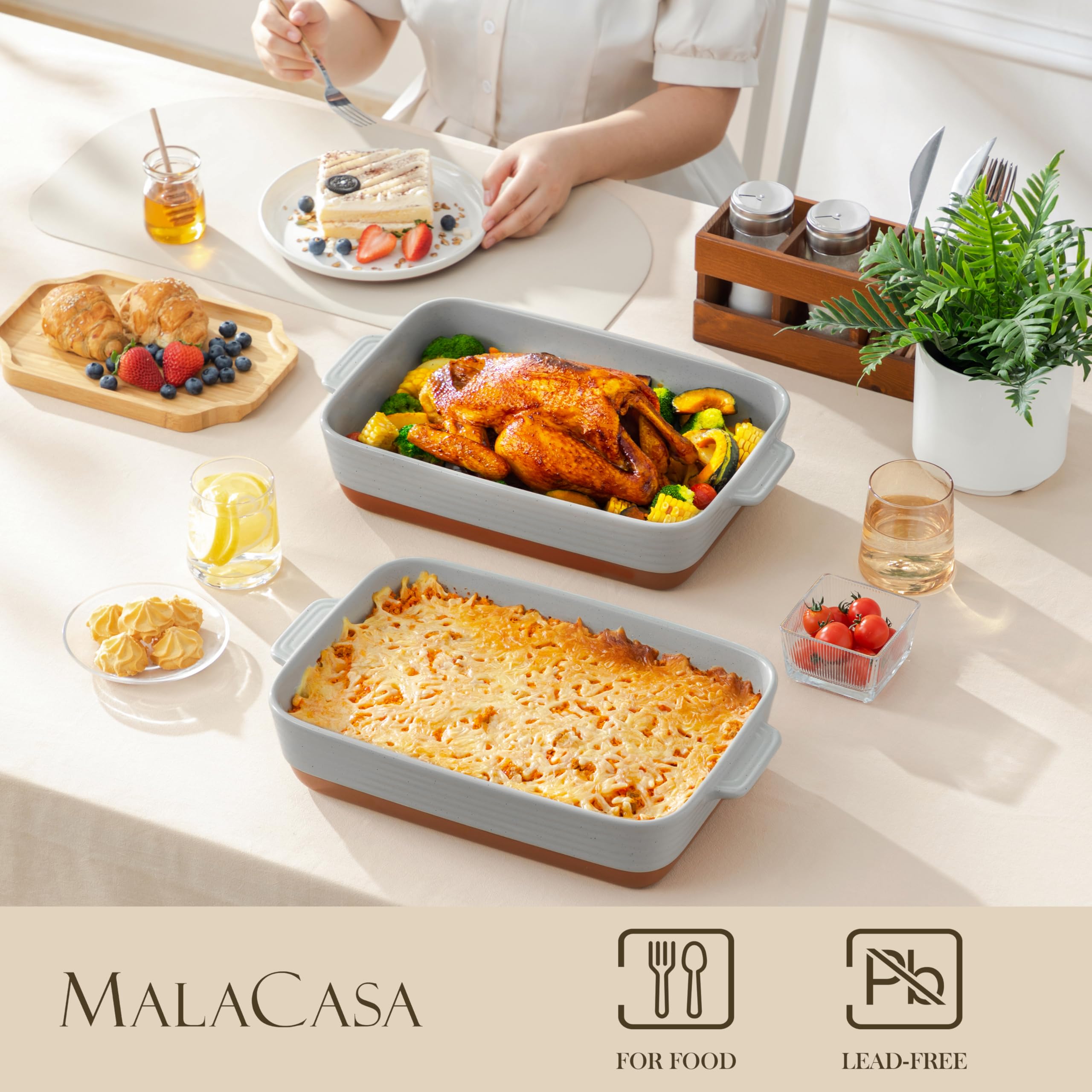MALACASA Naczynia do lasagne 4,5 l do piekarnika, 25 x 30 cm, szare ceramiczne naczynie do piekarnika z uchwytami, głębokie prostokątne naczynia do pieczenia, patelnia do lasagne do pieczenia, seria