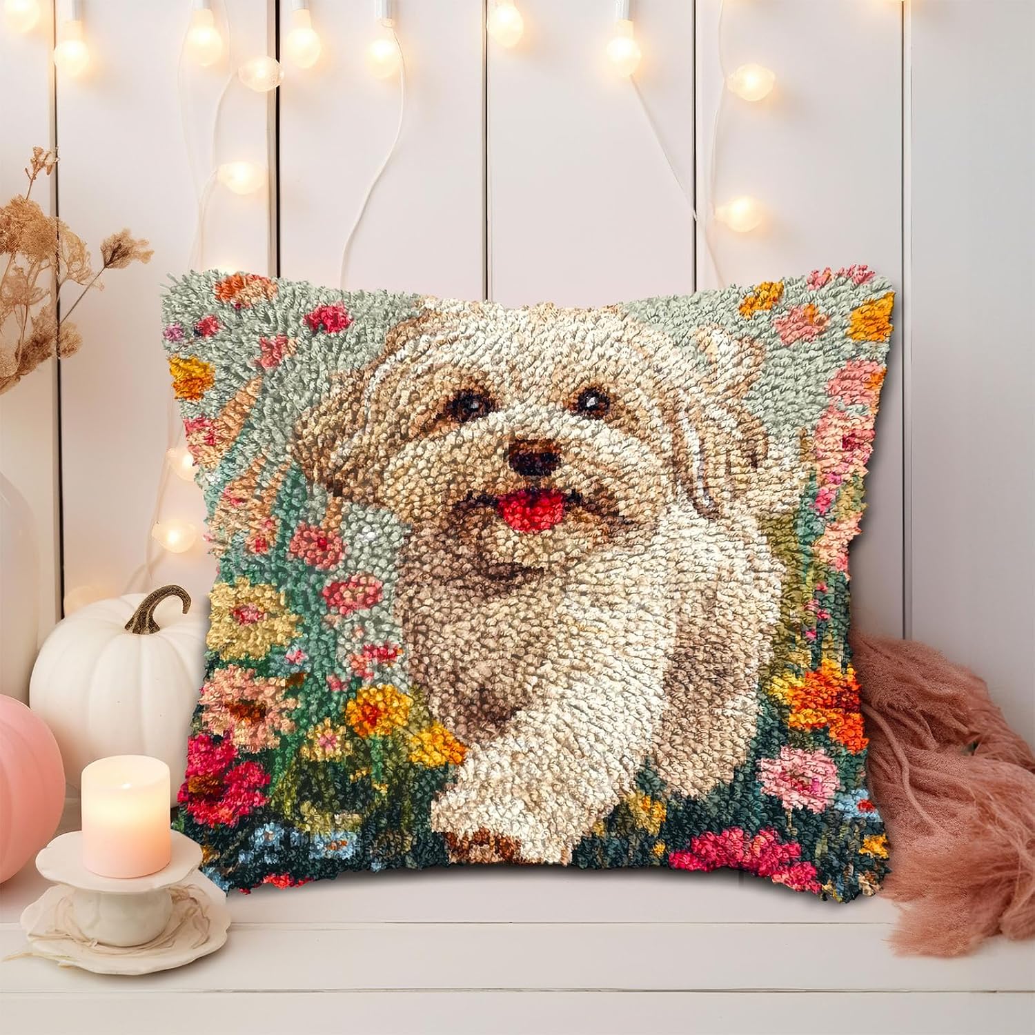 DIY Latch Hook Pillow Kits for Adults Happy Havanese Dog Running in Flowers Printed Pillowcase Crochet Yarns Hooking Handmade Pillow Cover Cushion for Home Sofa Decor 17x17inch(3) image 5