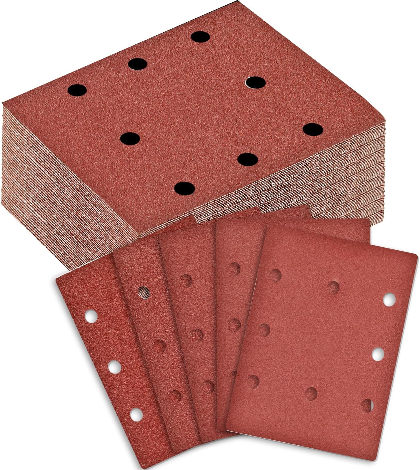 100 Piece Sanding Sheet Set, Rectangular Sandpaper Velcro Grit 40/60/80/120/240, 8 Holes, Accessories for Multi Sander, Orbital Sander, for Wood, Metal and Paint (110 x 115 mm)