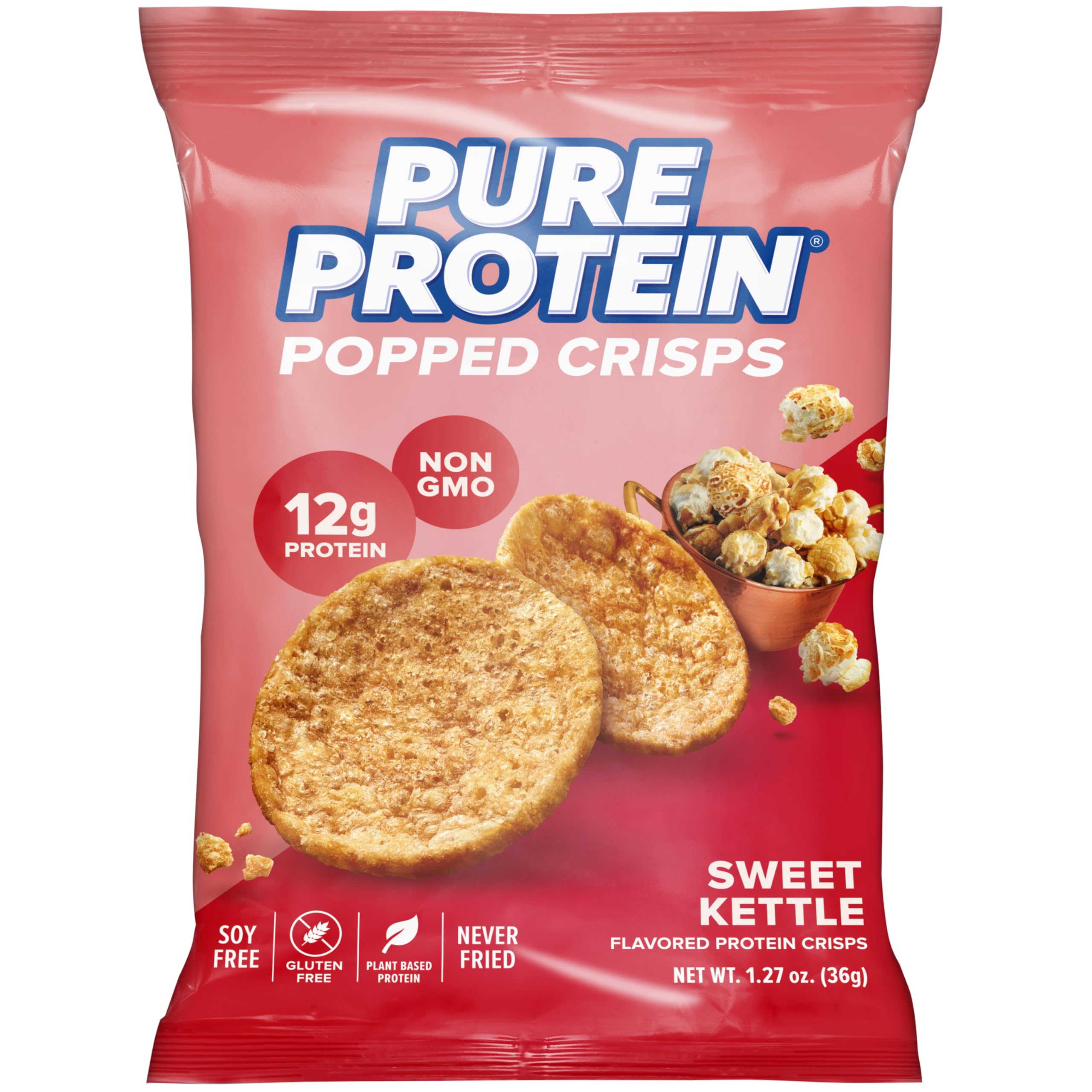 Pure Protein Sweet Kettle Popped Crisps - 12g Plant Based Protein, Gluten Free, Non GMO, Vegan, Air Popped & Puffed Crisps – Healthy Protein Snacks – 12 Pack