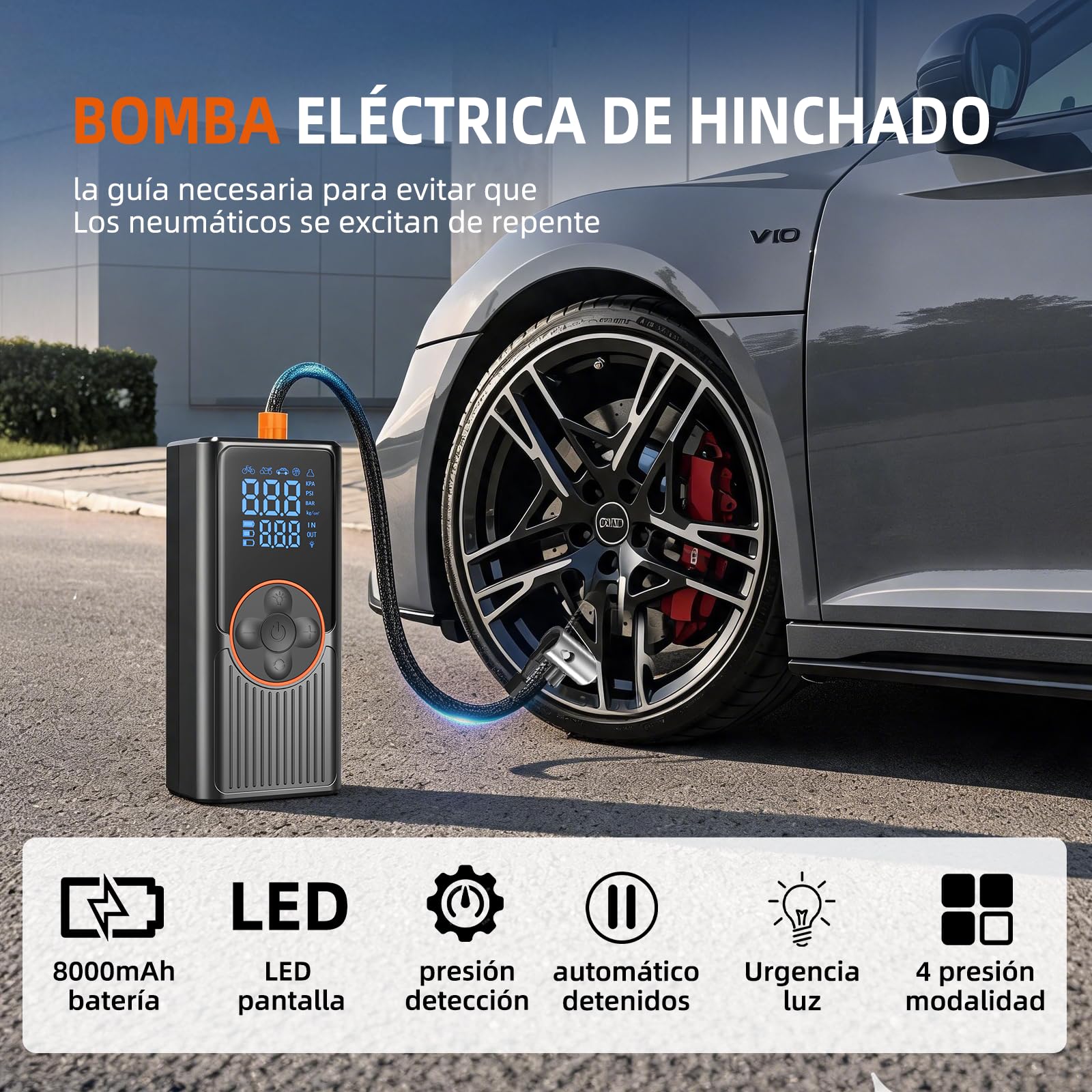 Compresor Aire Portátil 8000mAh, 150PSI Inflador Ruedas Coche, Inflador Eléctrico con Doble Alimentación Recargable, Pantalla Digital y Luz LED, Apagado Automático, para Coche, Moto, Bicicleta, Pelota