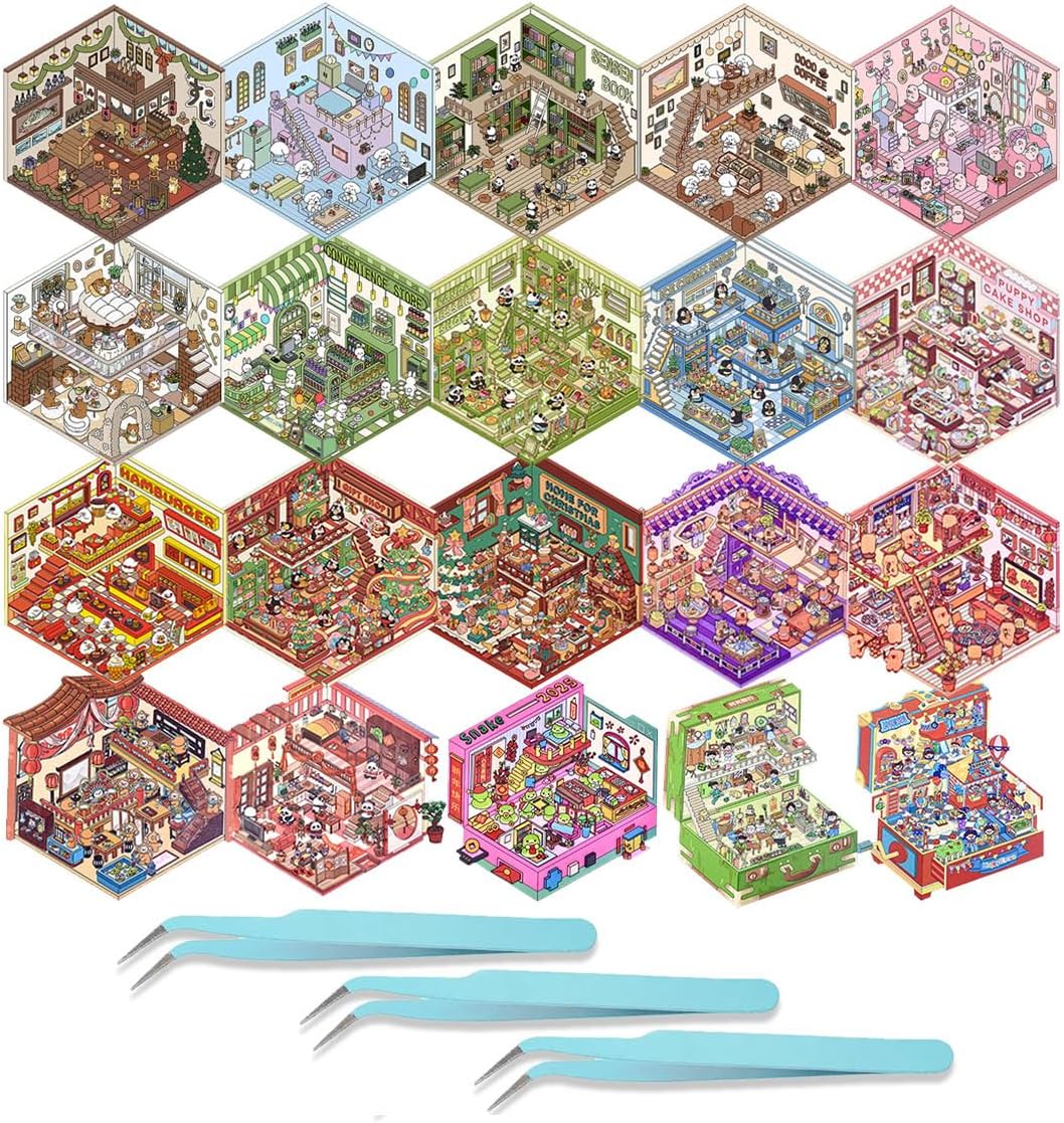 3D House Scene 20 Sets DIY Sticker Therapy for Adult Cute Cartoon Miniature Room Stickers Scene for Relief Stress Pass The Time