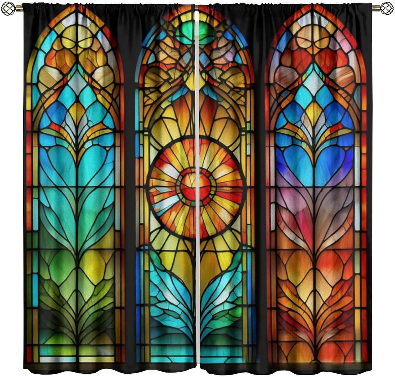Fantasy Castle Glass Blackout Window Curtain, Colorful Stained Glass Window Abstract Stained-Glass Background for Home Kitchen Restaurant Decoration Window Curtain 2Panel 42" W X 63" L