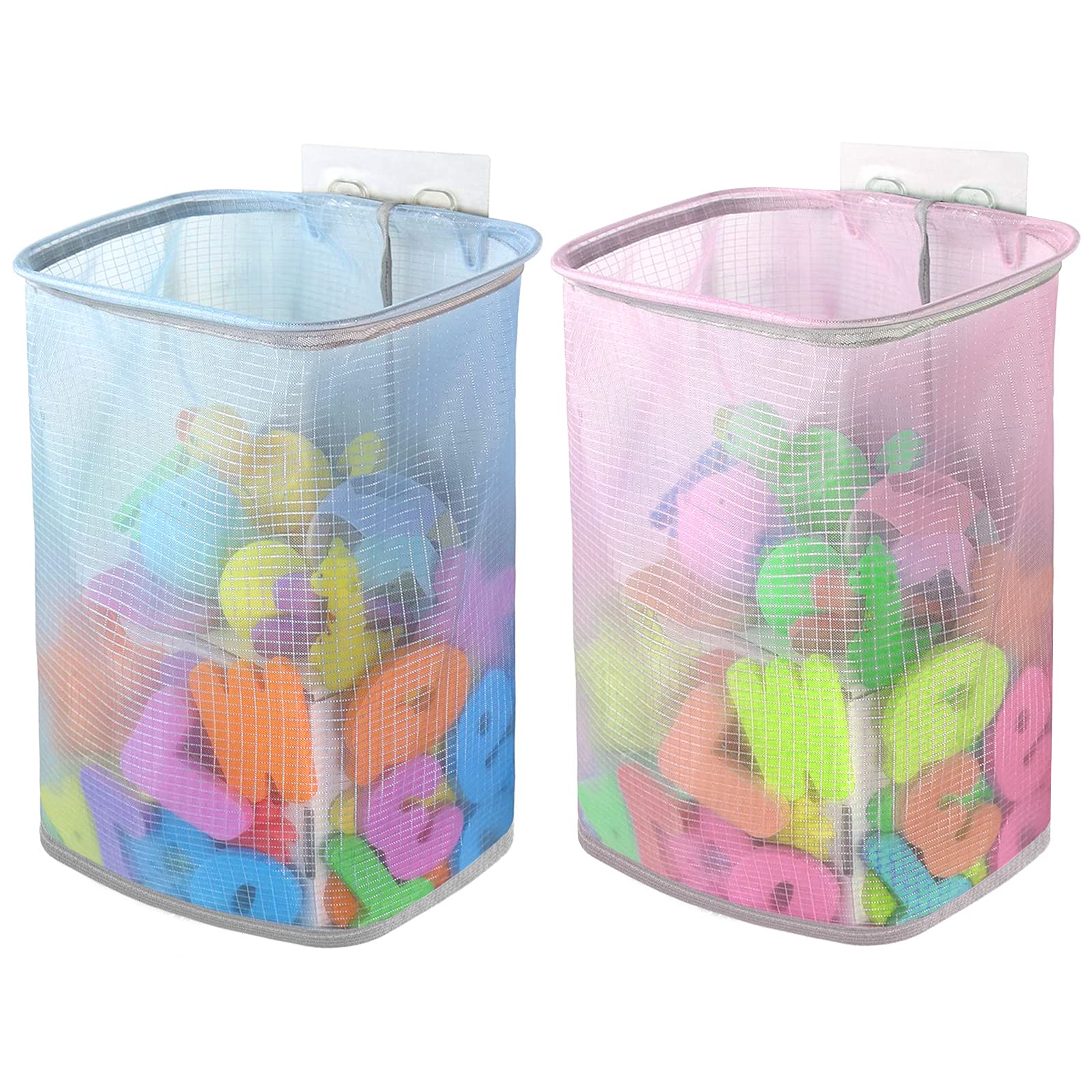 Linkidea 2 Packs Bath Toy Storage Organizer, Hanging Mesh Bathtub Toy Holder Basket with Adhesive Hooks, Shower Caddy for Kids Toddlers Bathroom Car Toy (Blue & Pink)