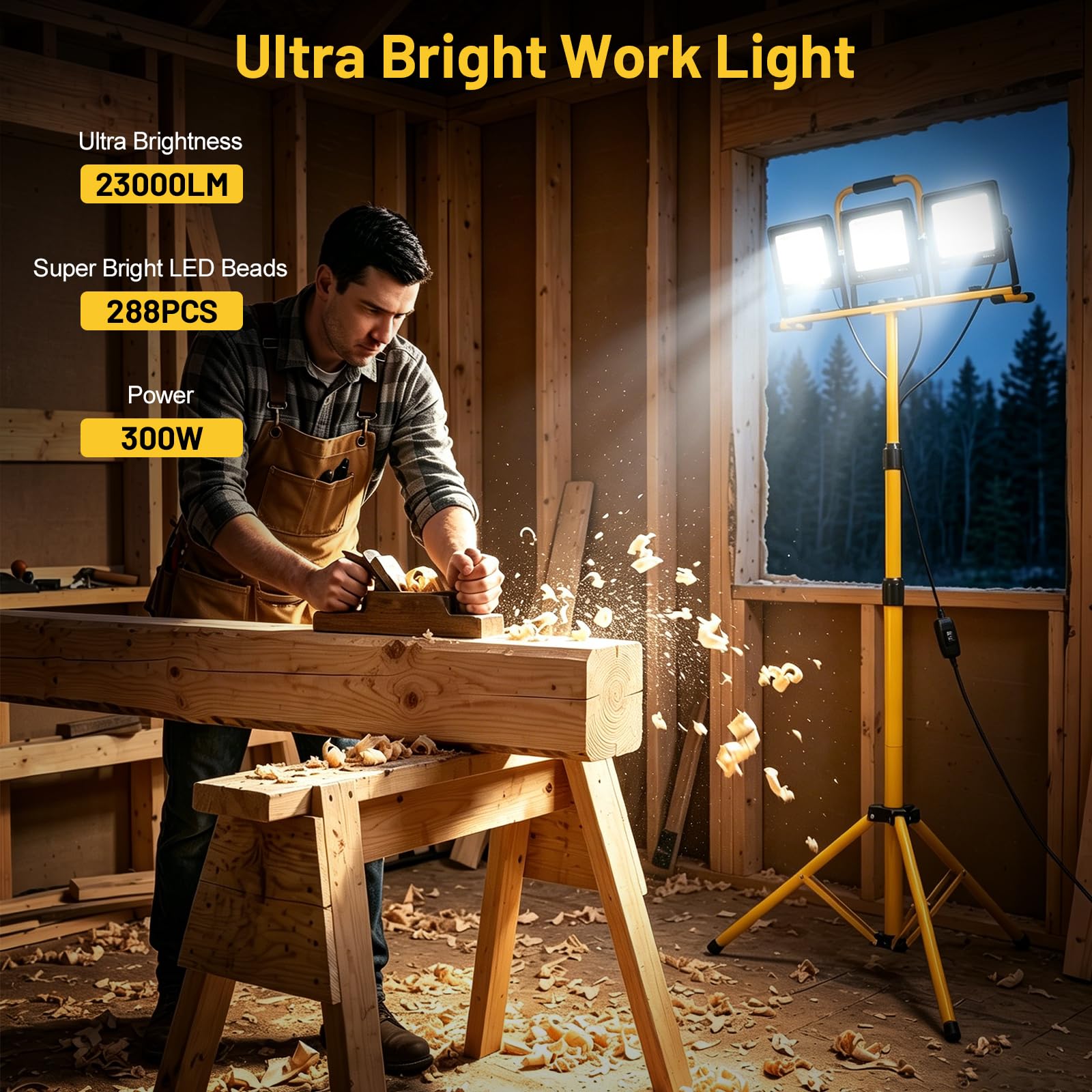 Yofuly 3x 100W Foco LED de Trabajo 23,000LM, Focos LED Portátil con Trípode Telescópico 1,6M, IP66 Impermeable, con Cable de 5M, Luz de Trabajo para Obras, Jardines, Construcción