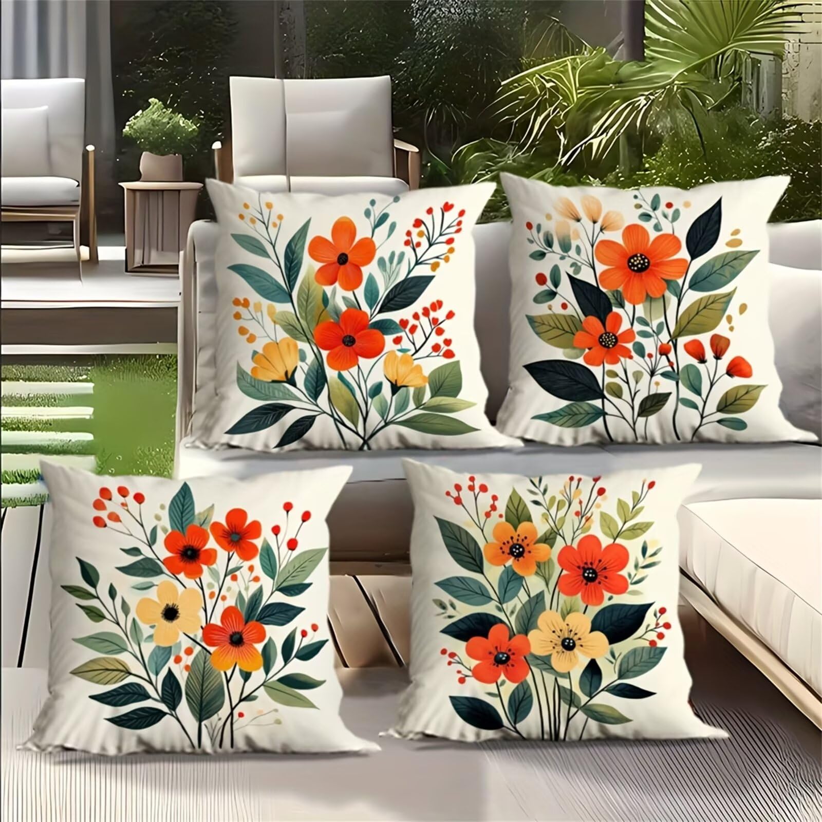 Heaen Outdoor Cushion Covers 45x45 cm Set of 4 Waterproof Linen Throw Pillowcases Green Leaved Flowers Square Decorative Pillow Covers for Garden Patio Furniture