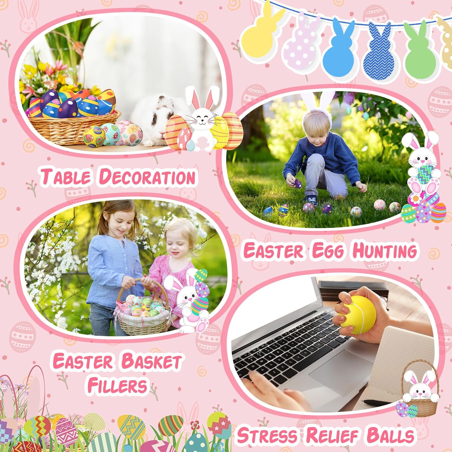 Gejoy 108 Pcs Easter Stress Balls Bulk Easter Eggs Bunny Rabbit Sports Squeeze Balls Stress Relief Fidget Mini Foam Toy Basket Goodie Stuffers Gift for Party Favor Decoration Boys and Girls