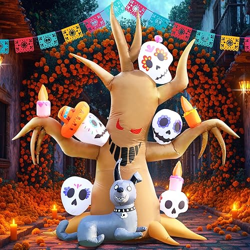 Miniatura 3 de DomKom Árbol inflable de Halloween, Día de los Muertos, árbol espeluznante del Día de los Muertos de 8 pies con calavera de Catrina y perro sin
