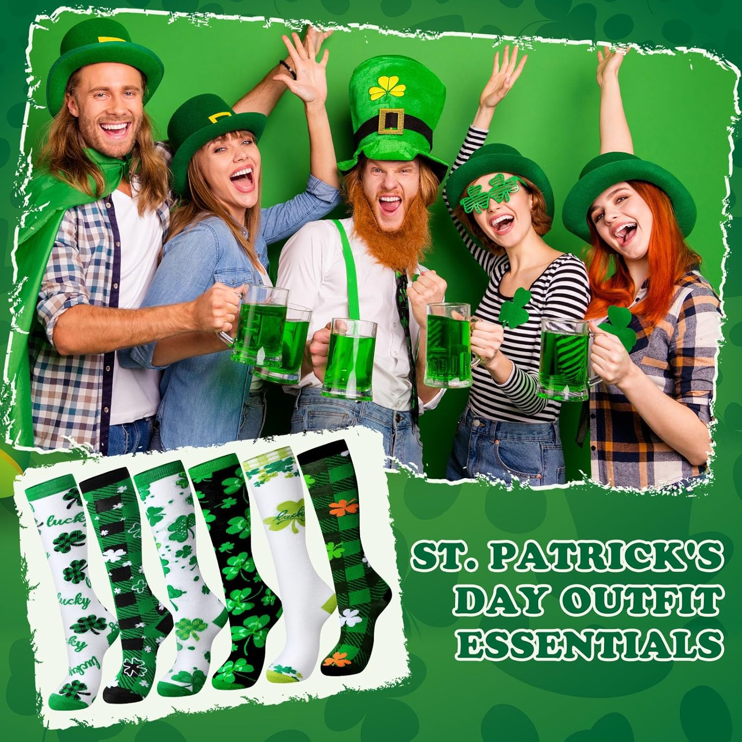Liitrsh 6 Pair St. Patrick's Day Knee High Socks Bulk Green Shamrock Accessories Irish Party High Tube Socks for Women Girls - Image 5