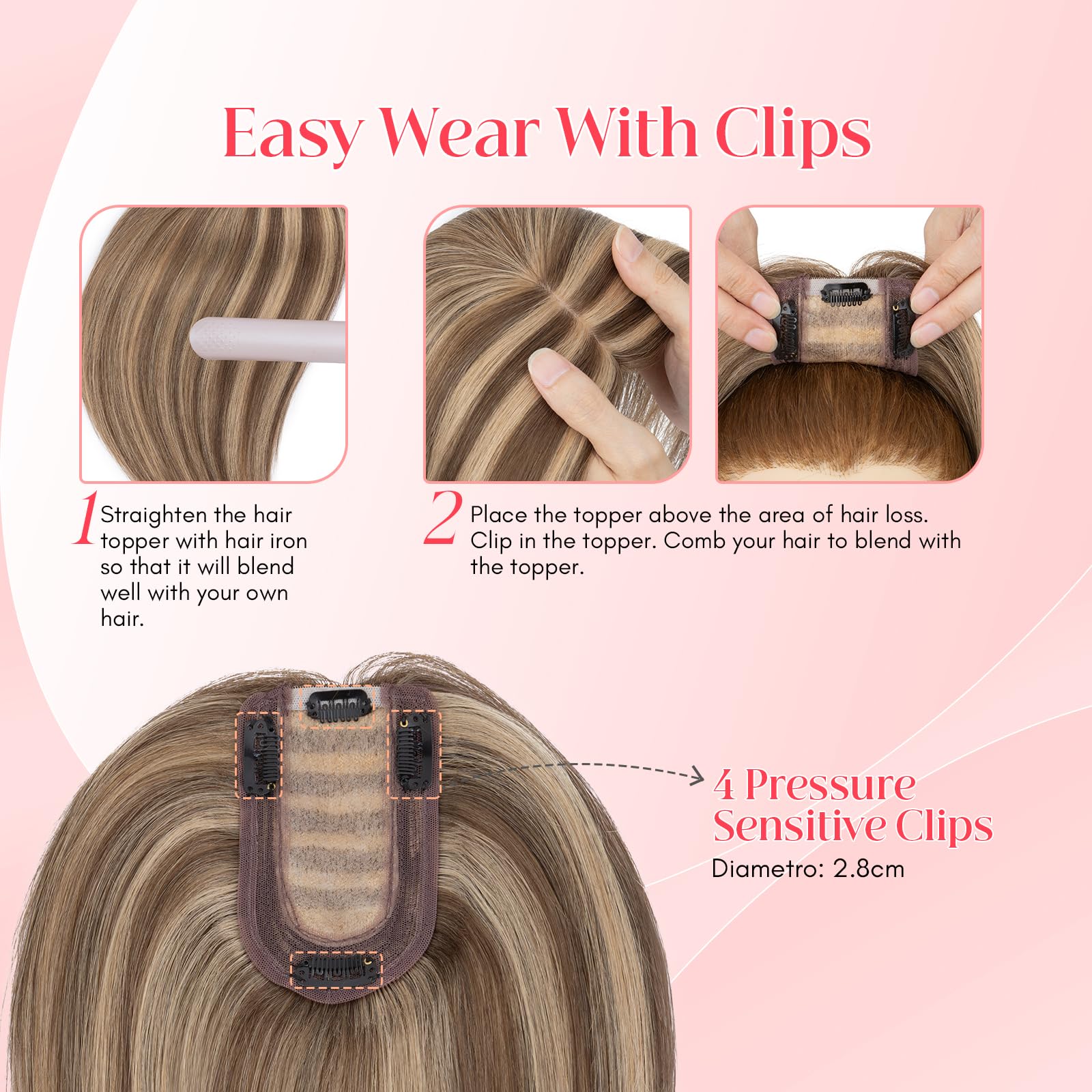 Elailite Volumateur Capillaire Femme Naturel a Clip Cheveux Naturel Toupet Humain (Base 10cm*12cm) 15cm 27g #4+27 MARRON CHOCOLAT MECHE BLOND FONCE